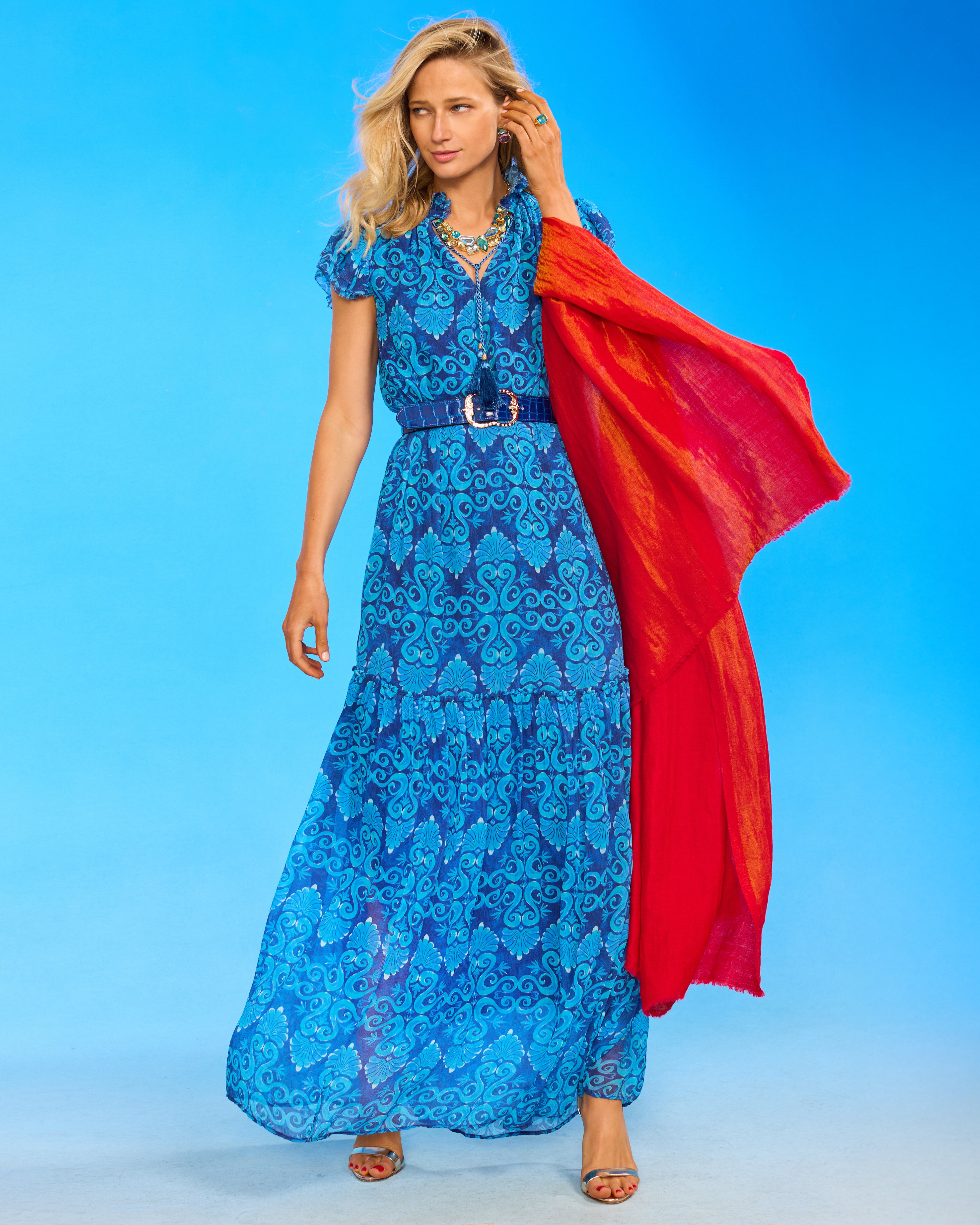 Tinsley Leather Belt in Croc-Embossed Navy worn with the Caroline Flutter Sleeve Crinkle Chiffon Maxi Dress in Mediterranean Swirl