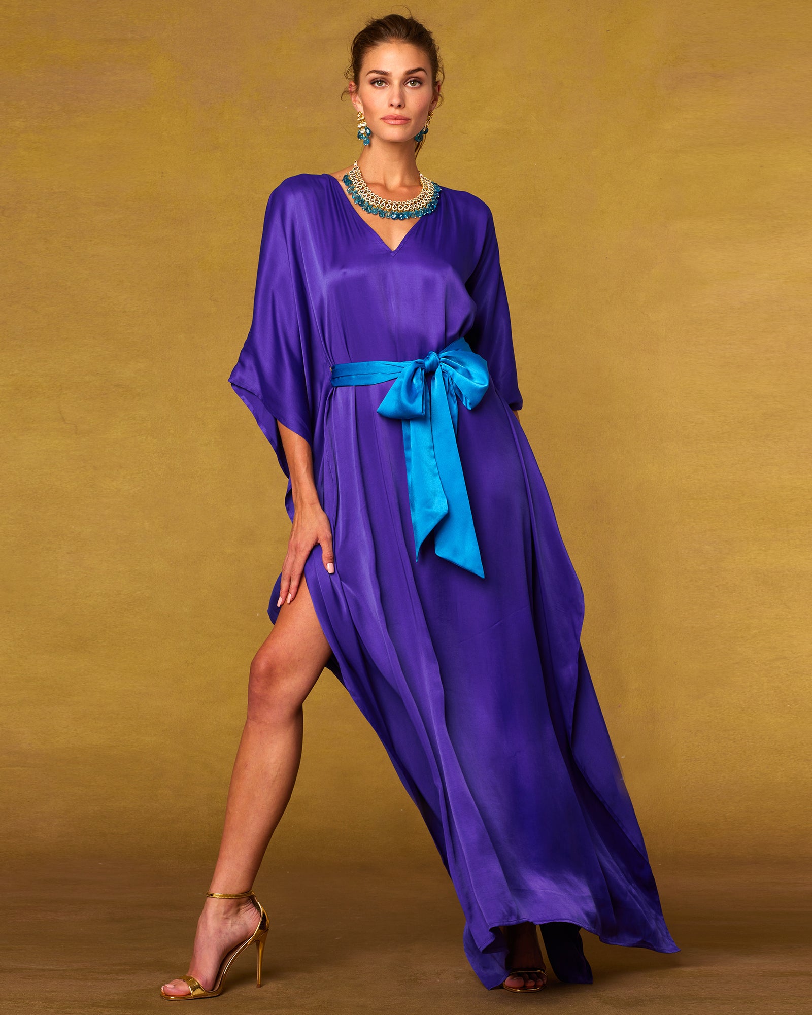 Alessandra Belted Silk Kaftan in Royal Purple