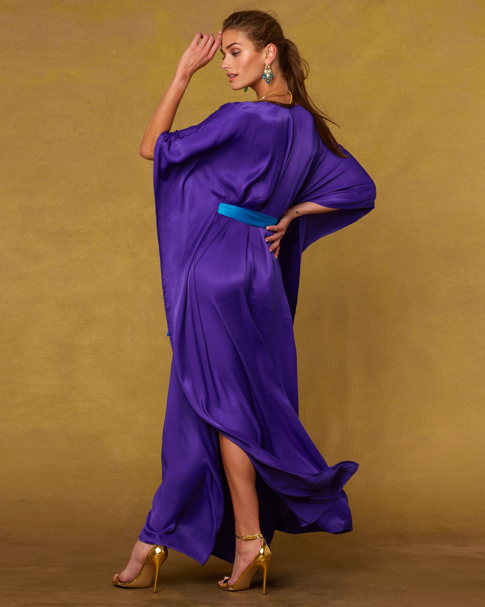 Alessandra Belted Silk Kaftan in Royal Purple