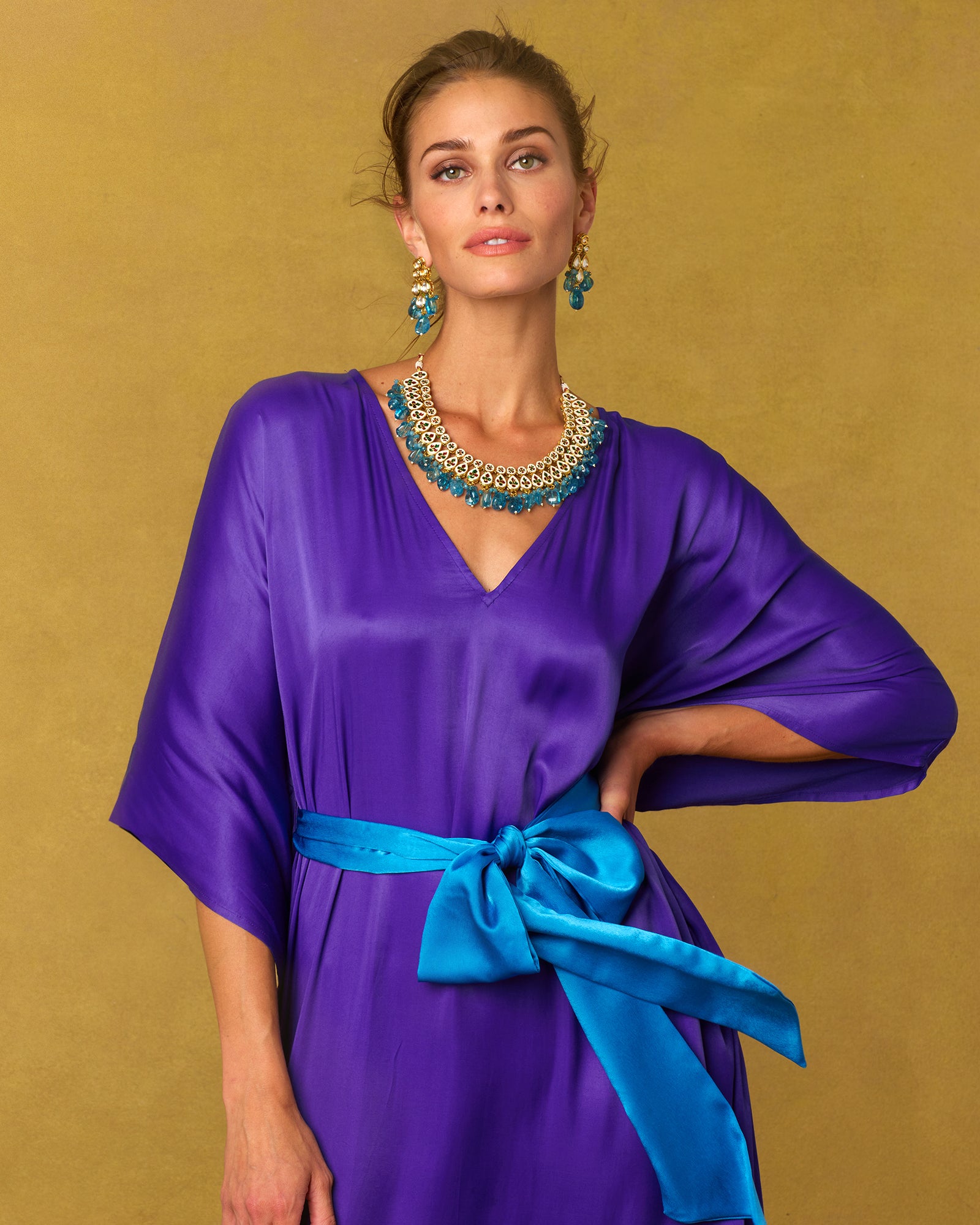 Alessandra Belted Silk Kaftan in Royal Purple