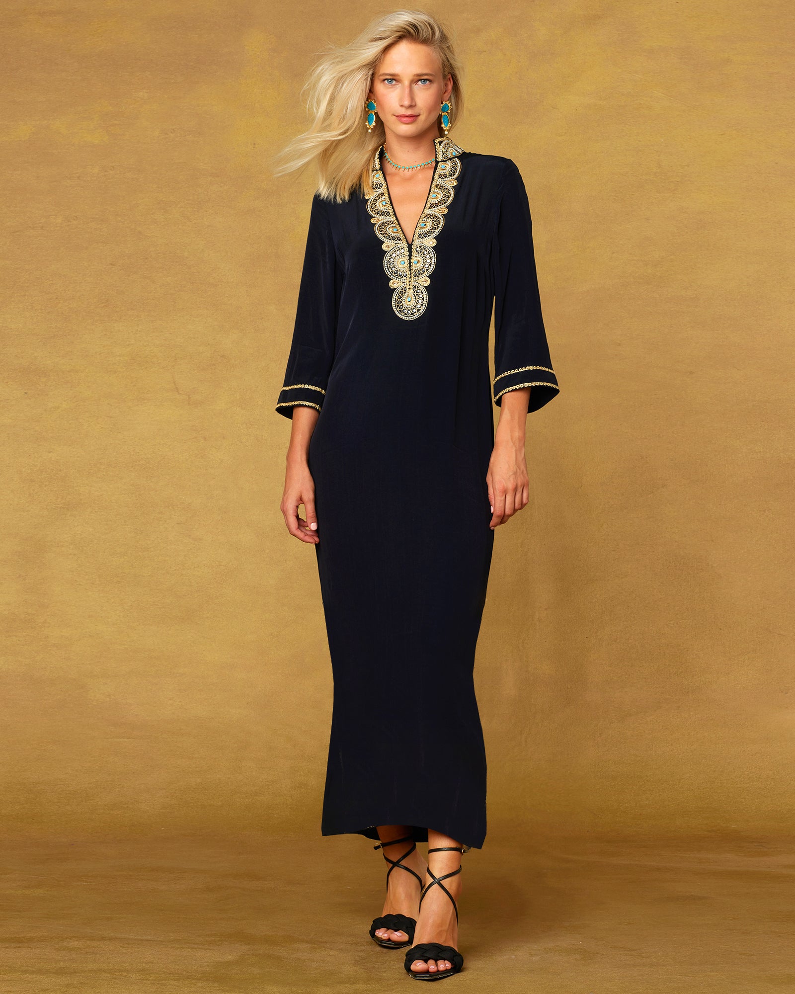 Noor Long Black Tunic Dress with Gold Embellishment