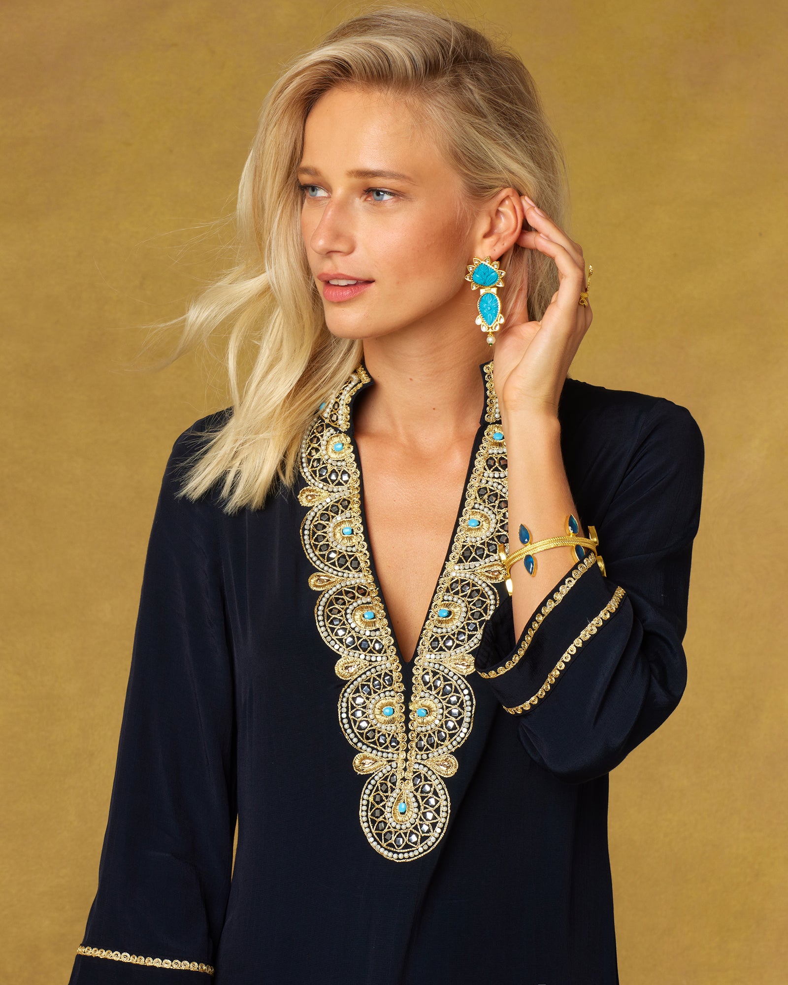 Noor Long Black Tunic Dress with Gold Embellishment with Minimalist Hem-Closeup of Neckline