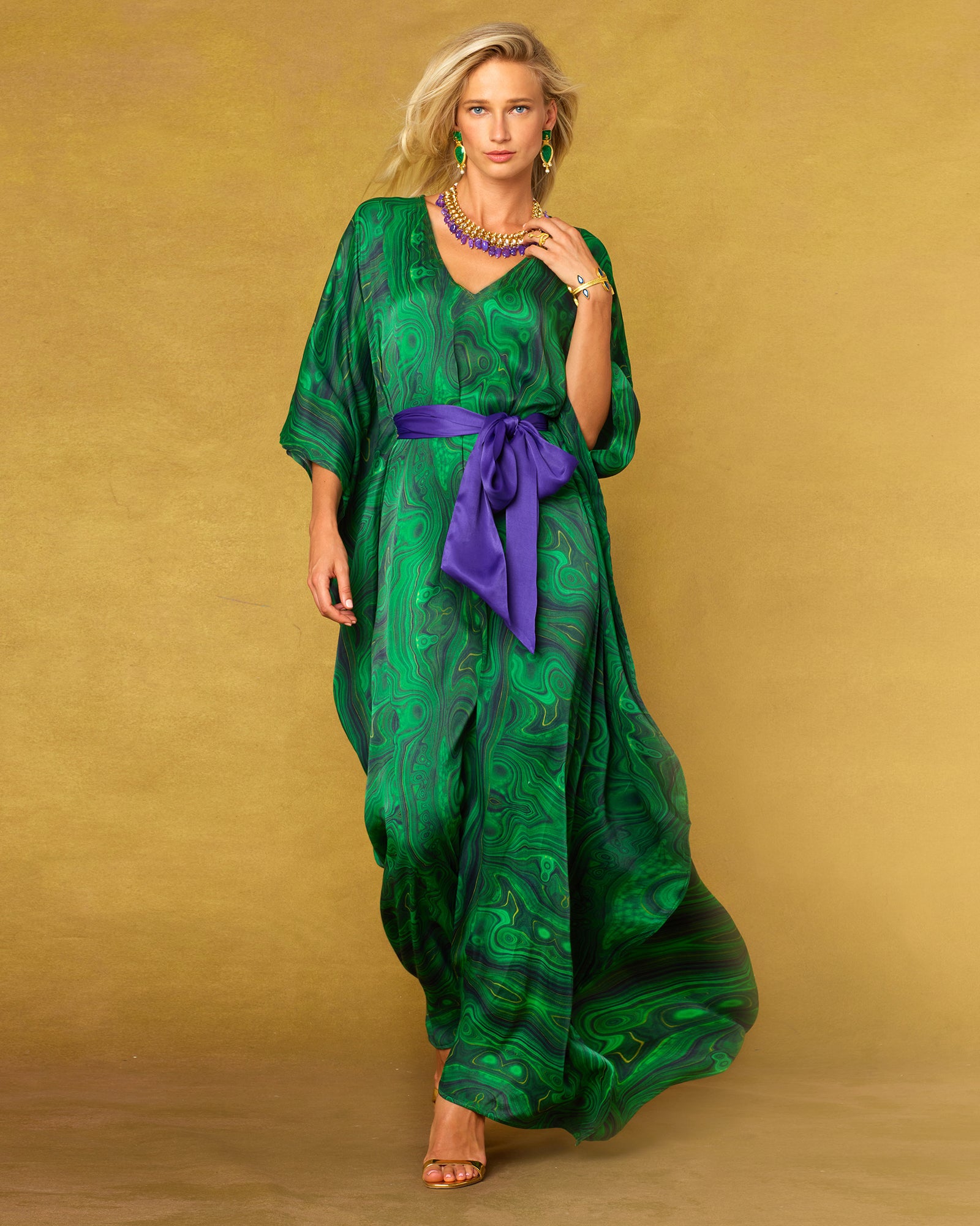 Regina Belted Silk Kaftan in Precious Malachite
