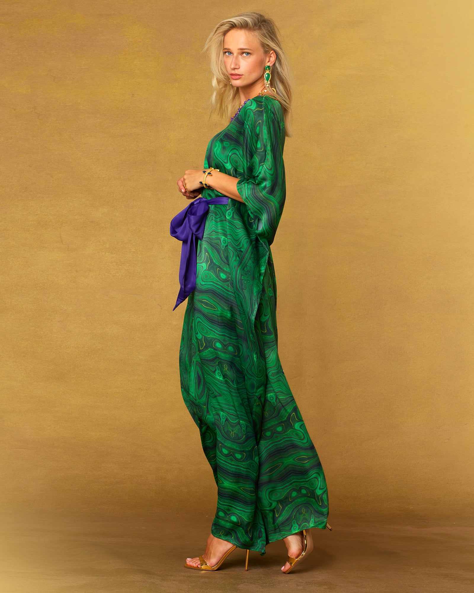 Regina Belted Silk Kaftan in Precious Malachite