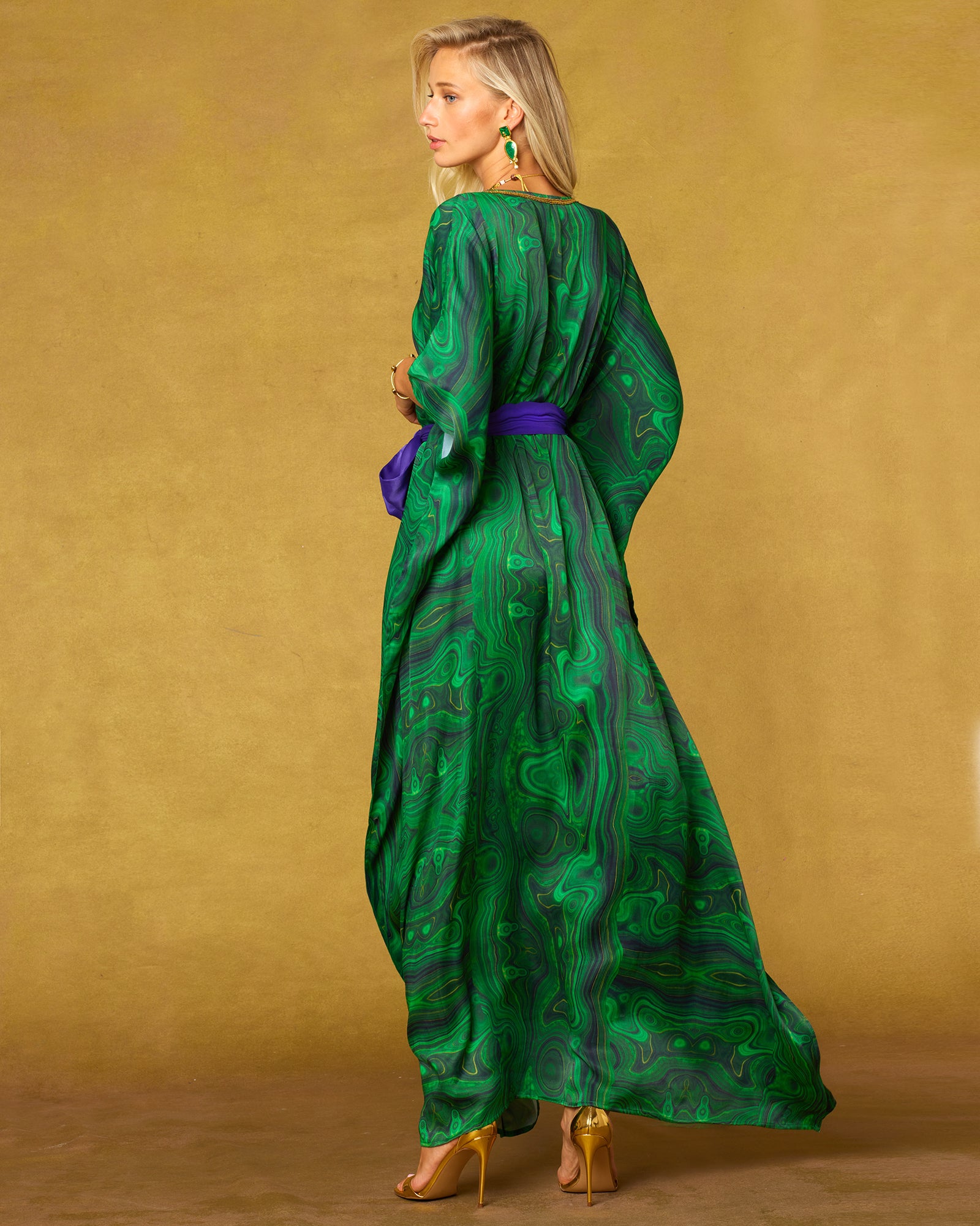 Regina Belted Silk Kaftan in Precious Malachite