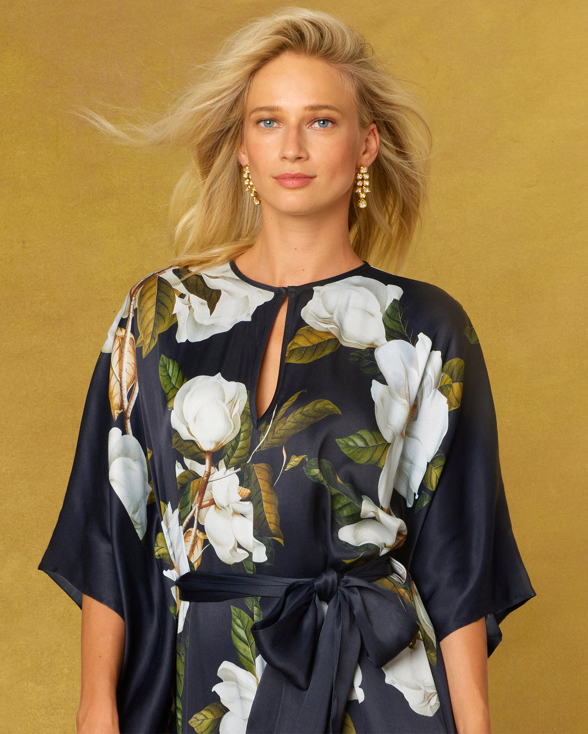 Portrait view of the Camellia Belted Silk Kaftan