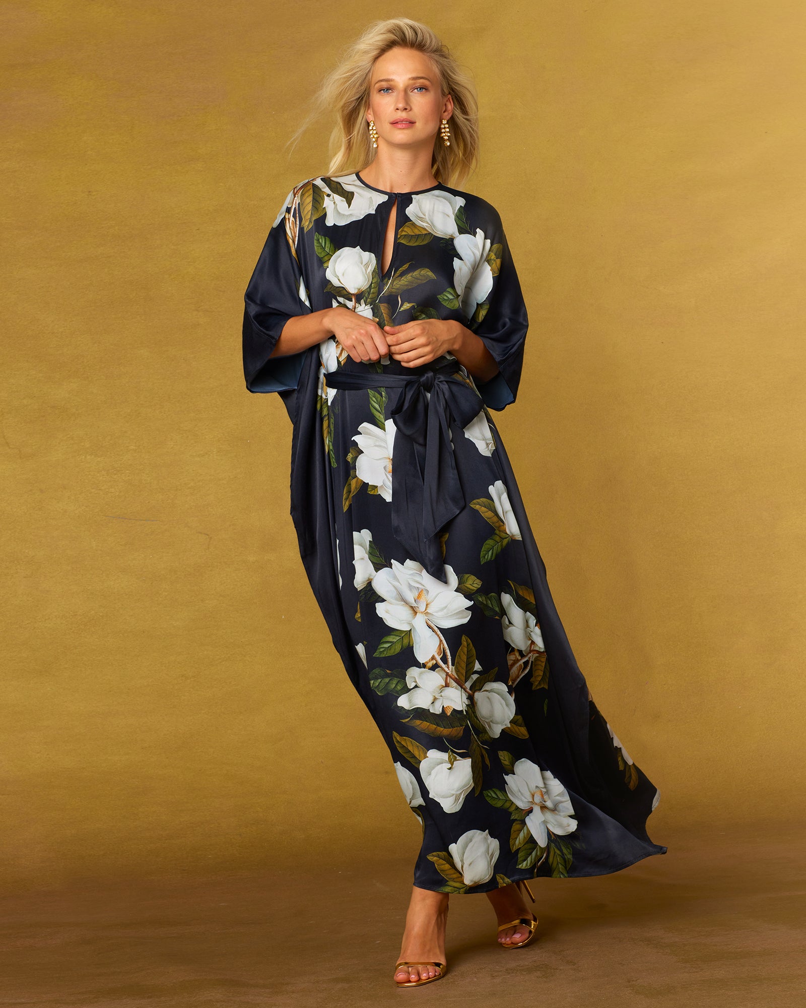 Camellia Belted Silk Kaftan-full frontal view