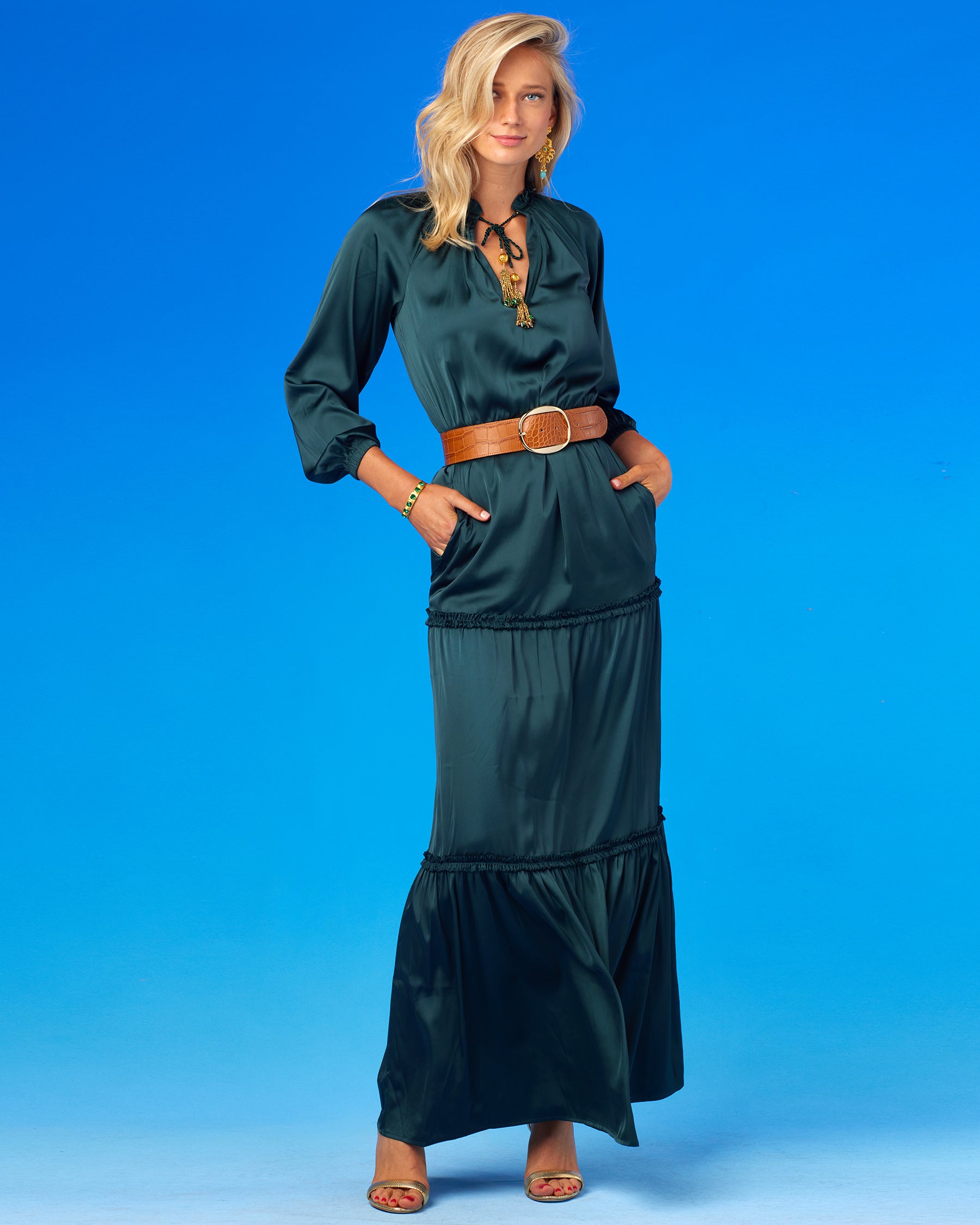 Thornton Wide Leather Belt in Croc-Embossed Honey Tan-Worn with the Agatha Raglan Sleeve Ruffle Dress in Dark Green