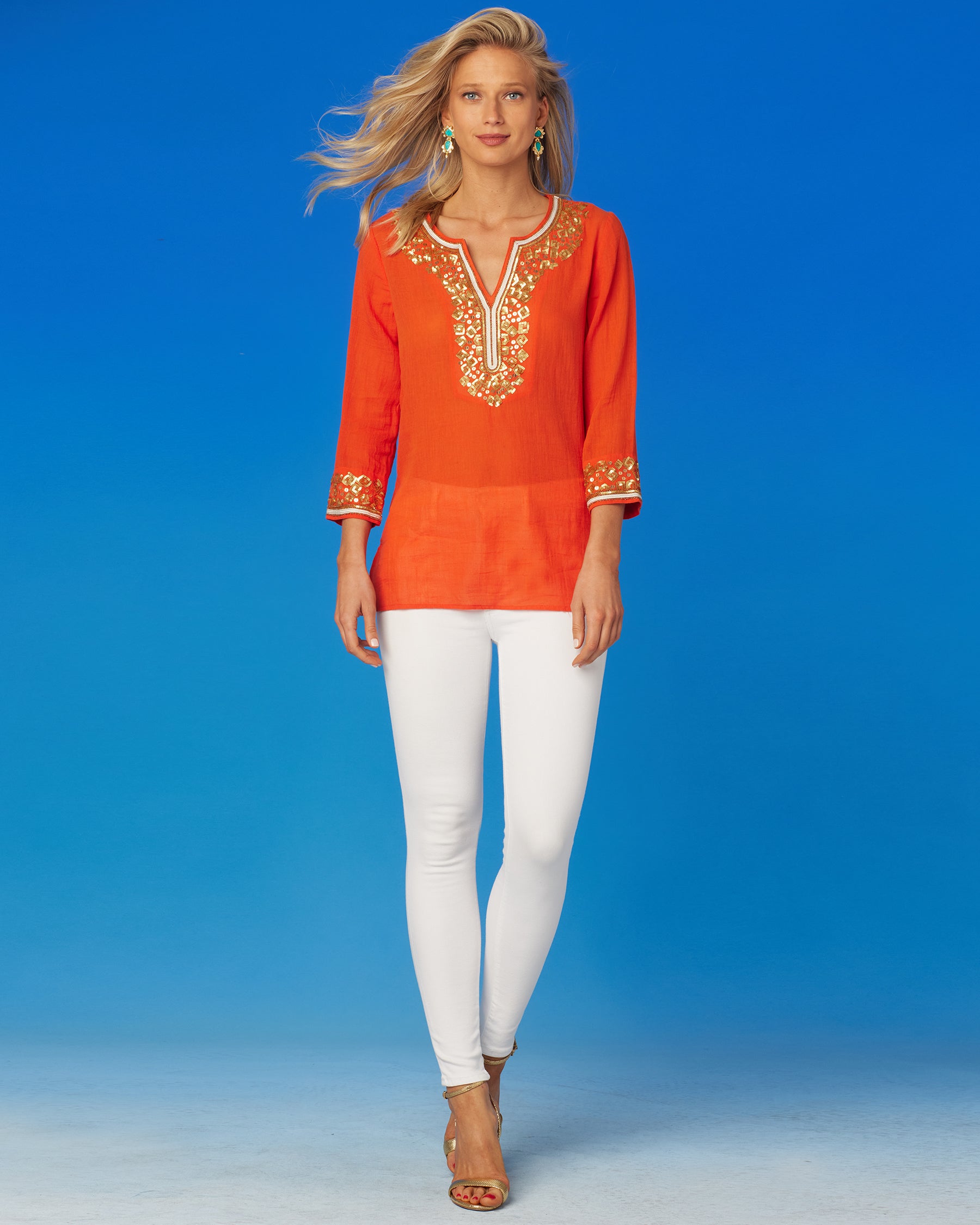 Alba Cover-Up Tunic in Coral Orange and Embellishment-Full Length
