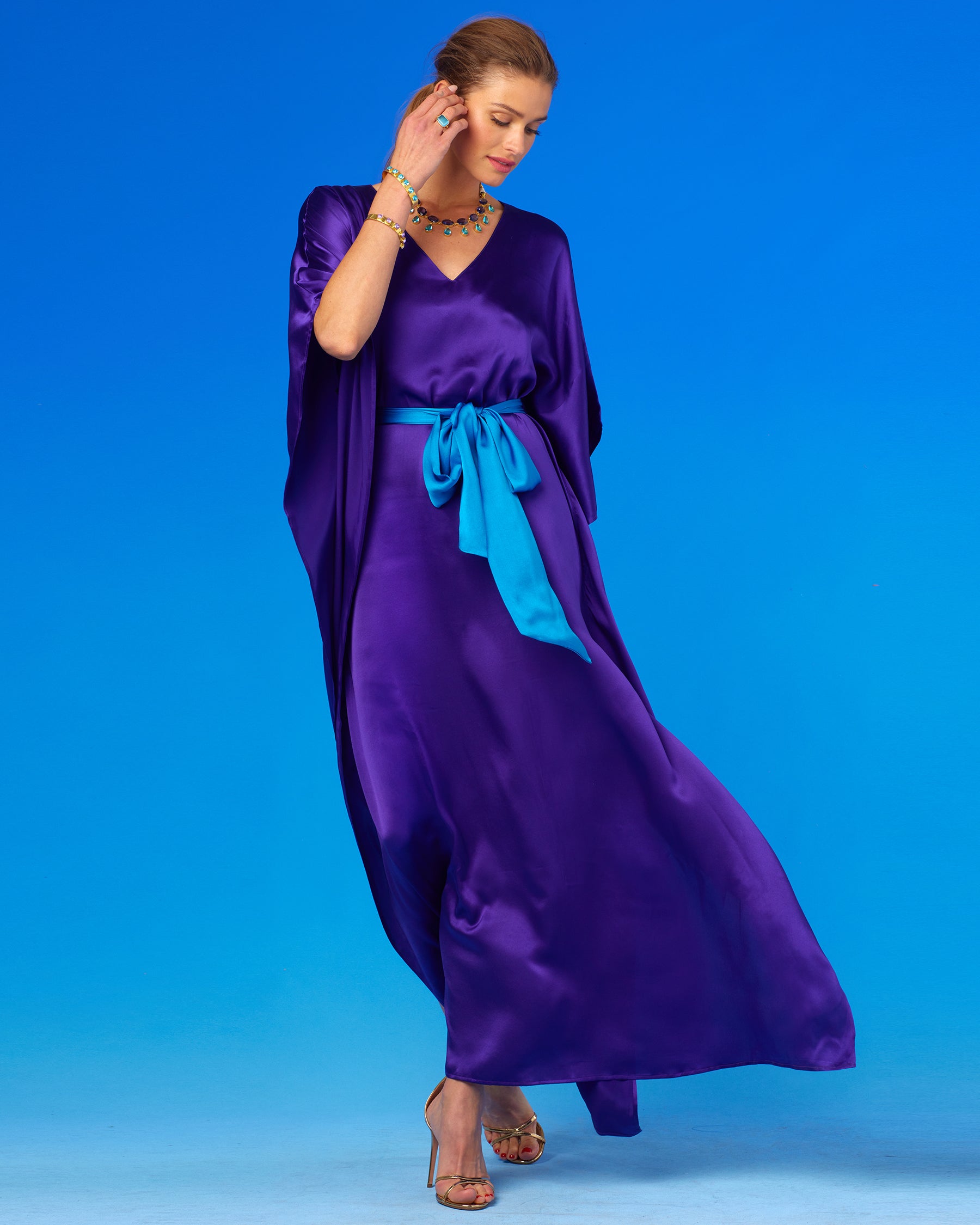 Alessandra Belted Silk Kaftan in Royal Purple