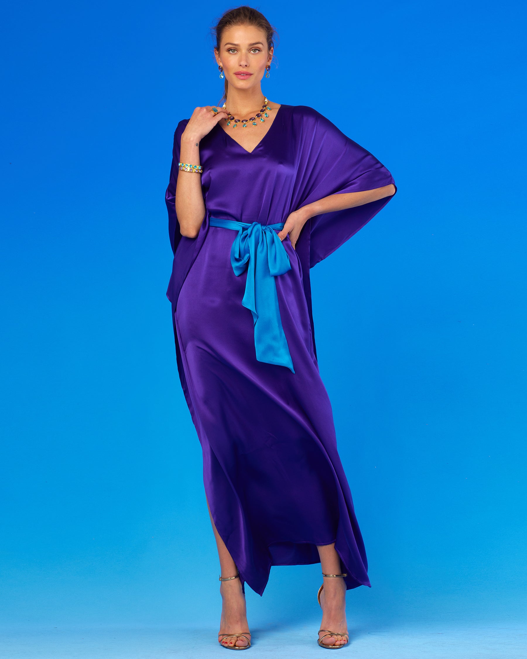 Alessandra Belted Silk Kaftan in Royal Purple-Front View