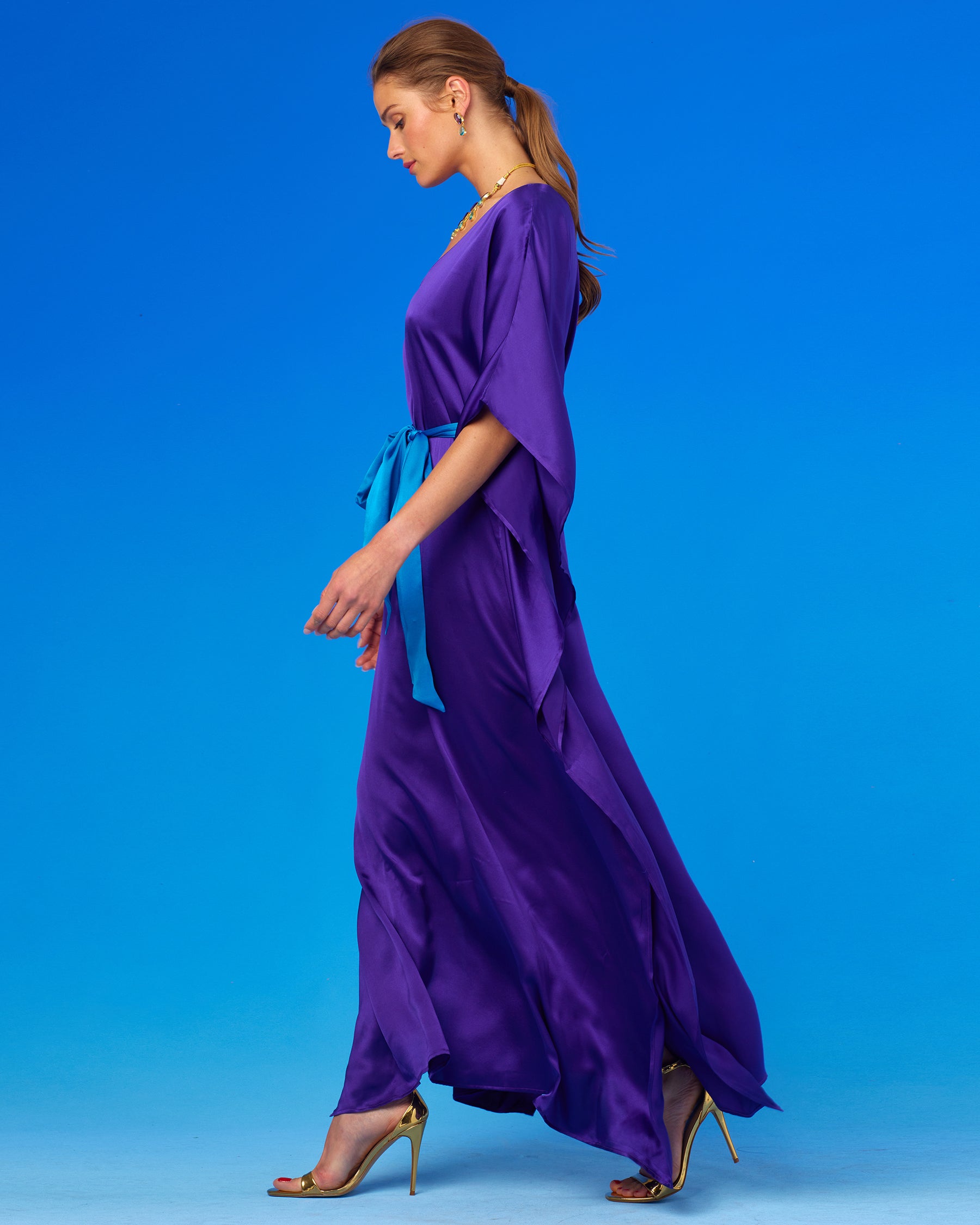Alessandra Belted Silk Kaftan in Royal Purple side view