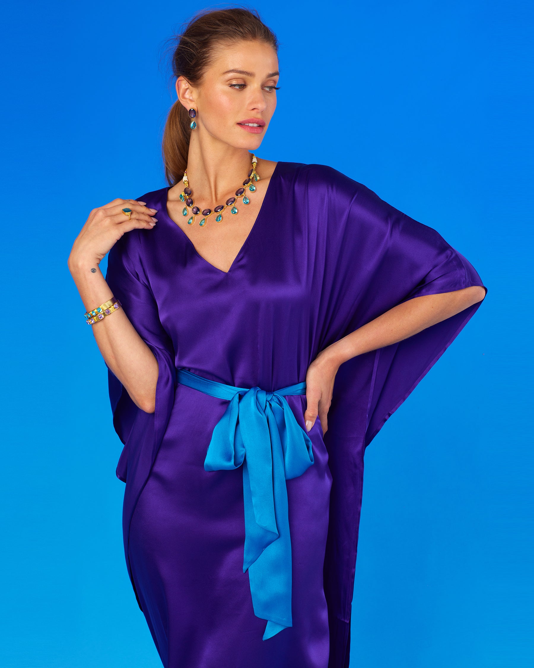 Alessandra Belted Silk Kaftan in Royal Purple closer view