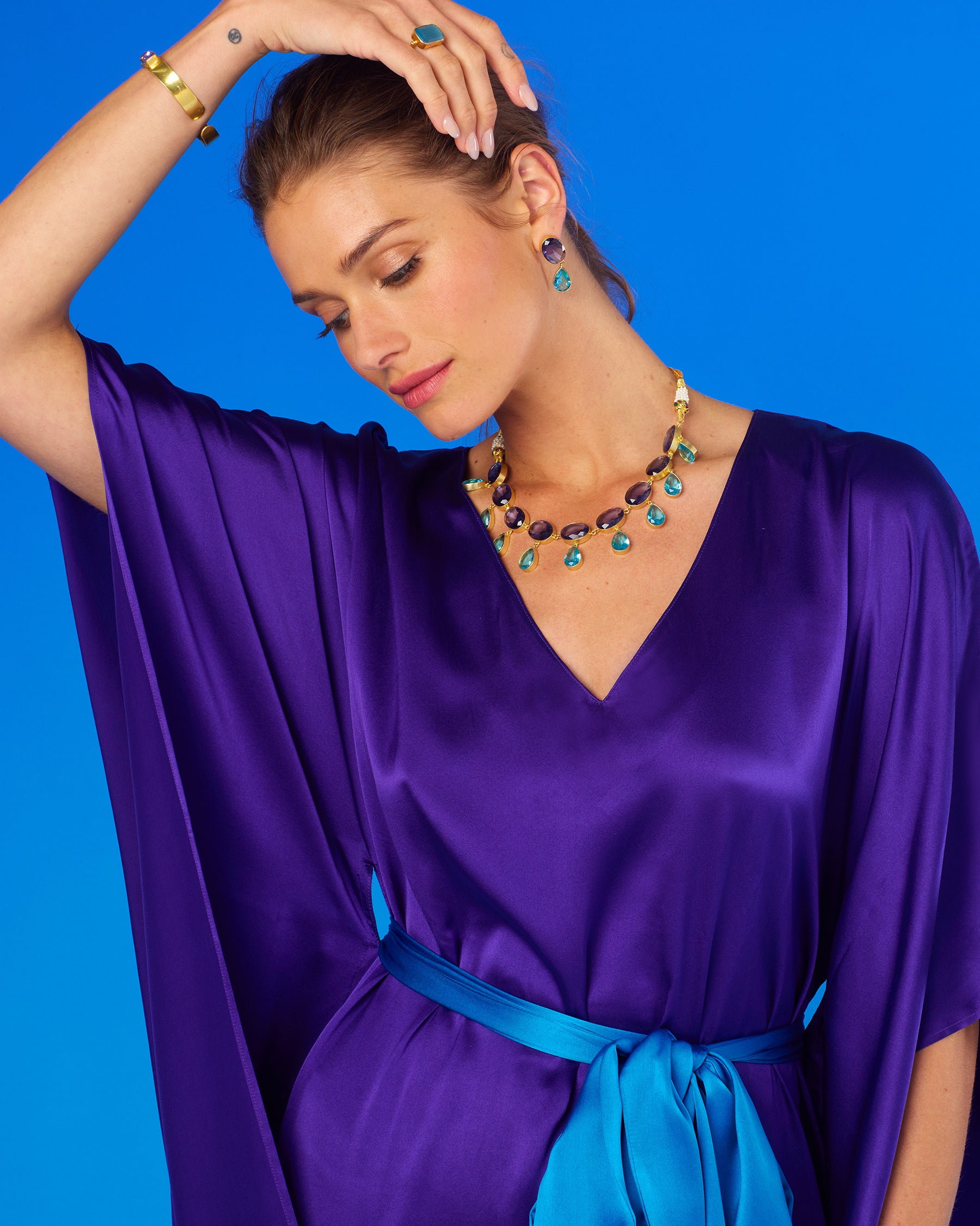 Alessandra Belted Silk Kaftan in Royal Purple portrait