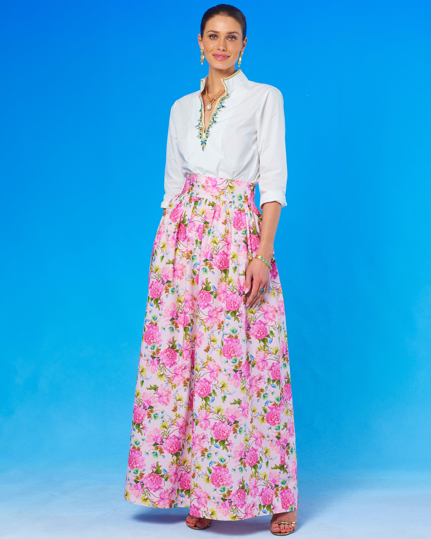 Alexandra Long Full Skirt in English Roses-Full front view