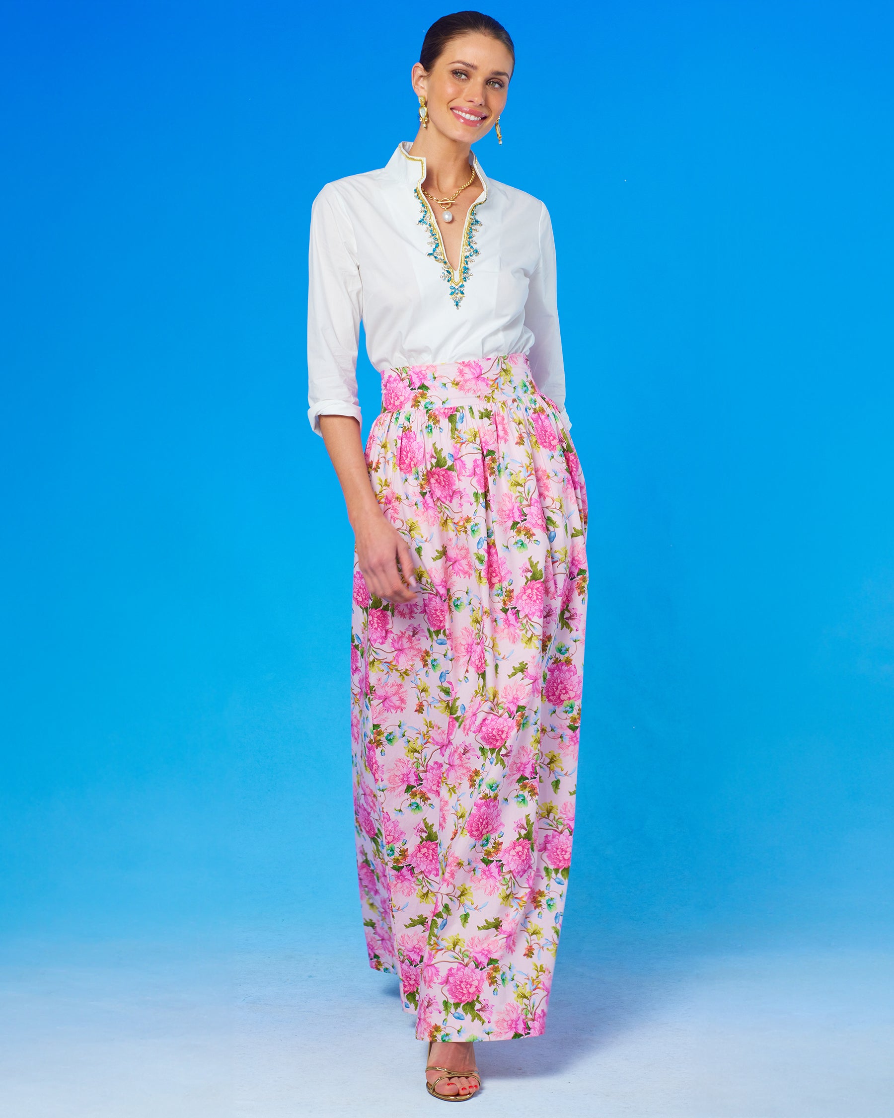 Alexandra Long Full Skirt in English Roses-Full front view walking