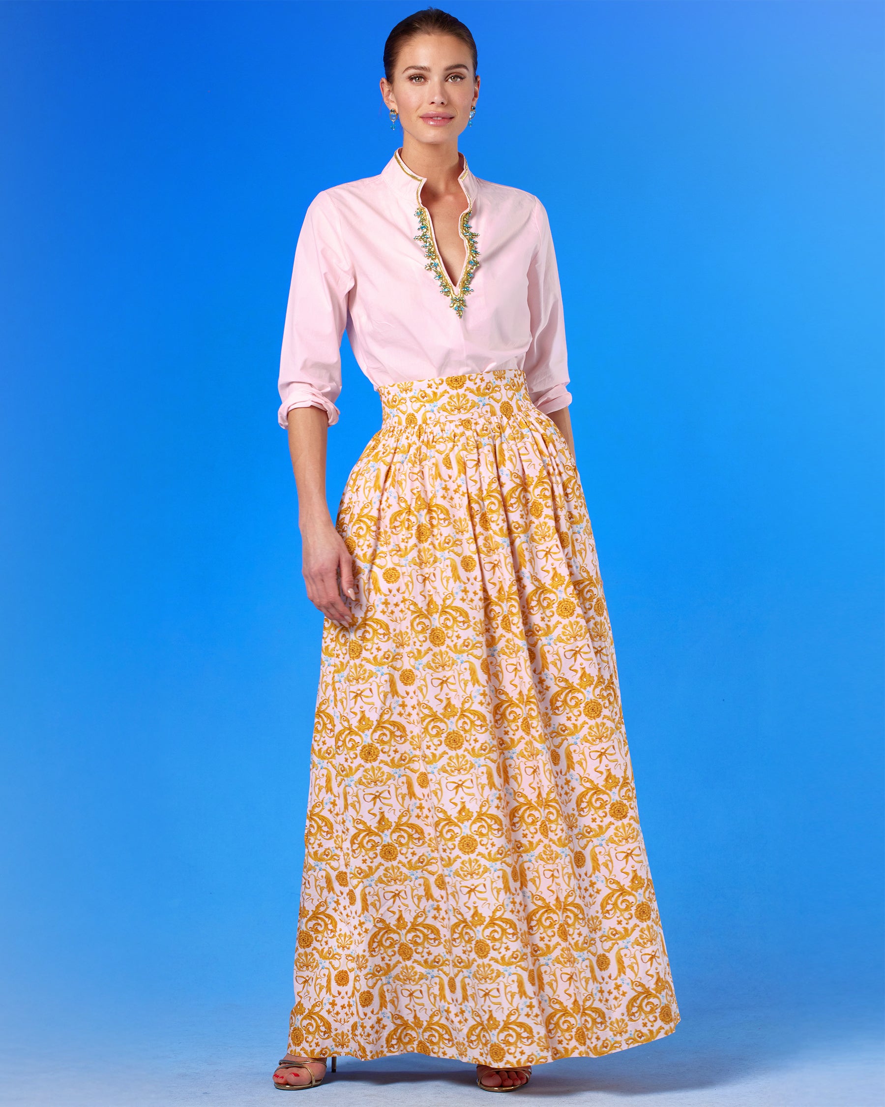 Alexandra Long Full Skirt in Blush Pink Regency Ribbons front view