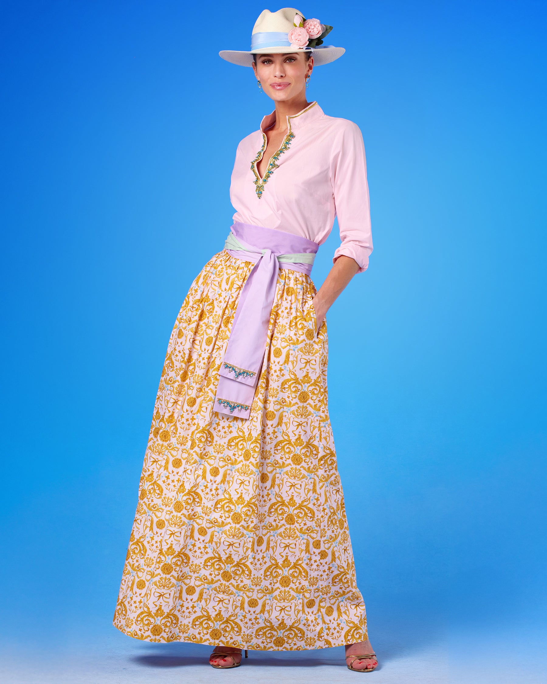 Alexandra Long Full Skirt in Blush Pink Regency Ribbons front view