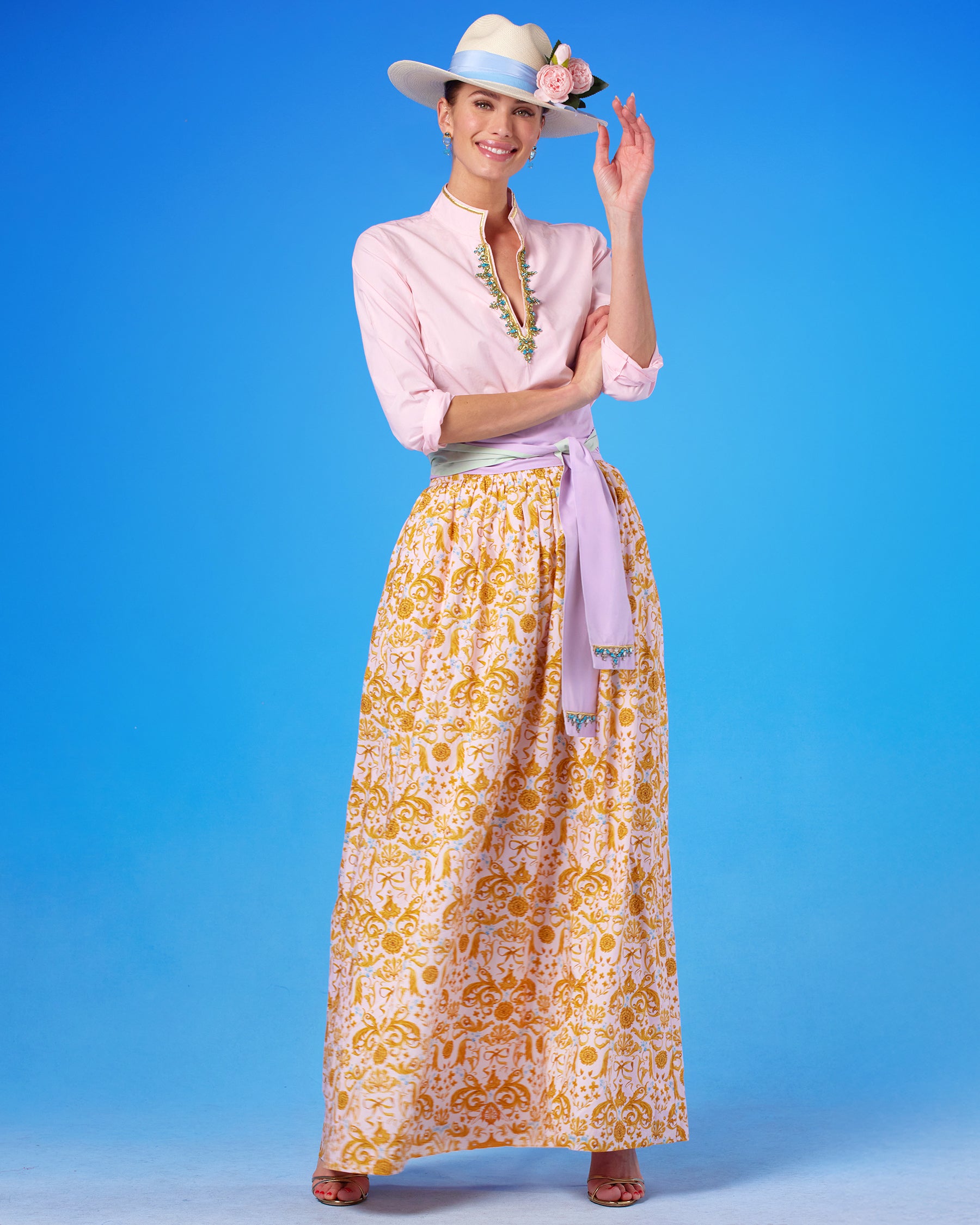 Alexandra Long Full Skirt in Blush Pink Regency Ribbons front view