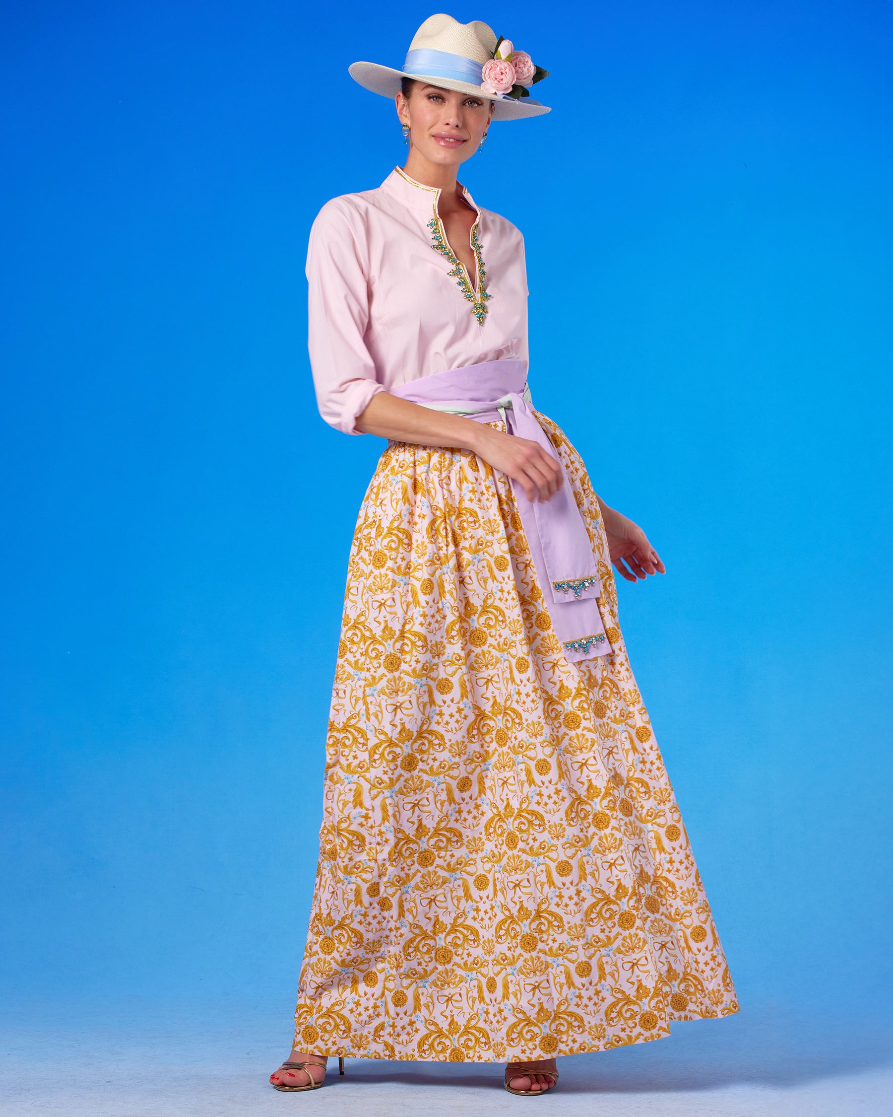 Alexandra Long Full Skirt in Blush Pink Regency Ribbons front view