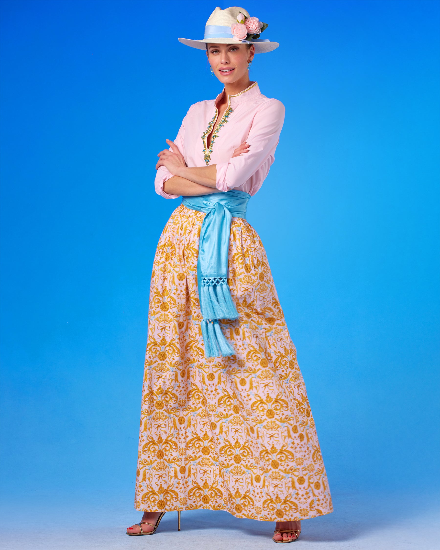 Cosima Sash Belt in Bermuda Turquoise worn with the Alexandra Skirt in Blush Pink Regency Ribbons