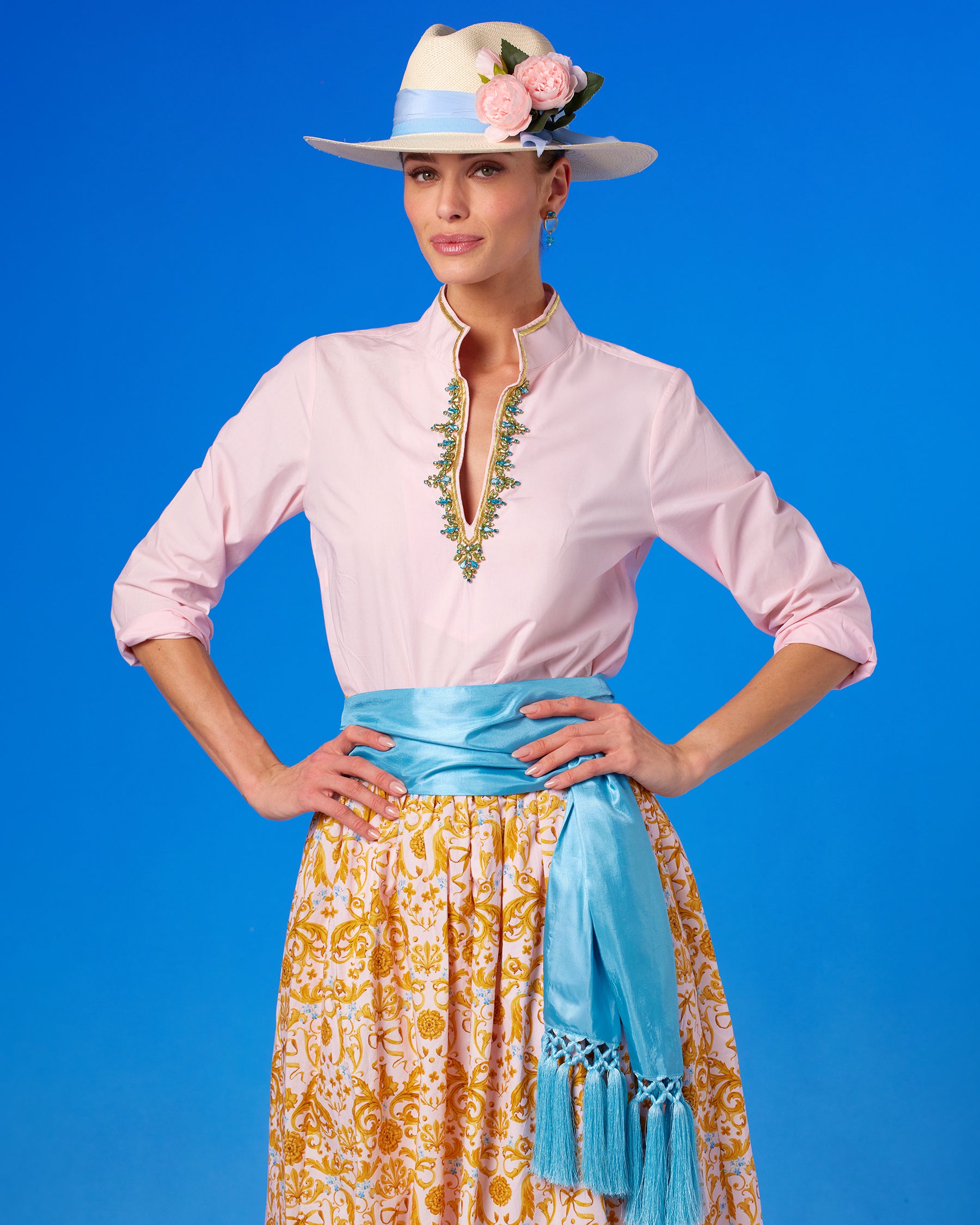 Alexandra Long Full Skirt in Blush Pink Regency Ribbons front view wearing the Pippa Panama Straw Hat and Cosima Sash Belt closeup view