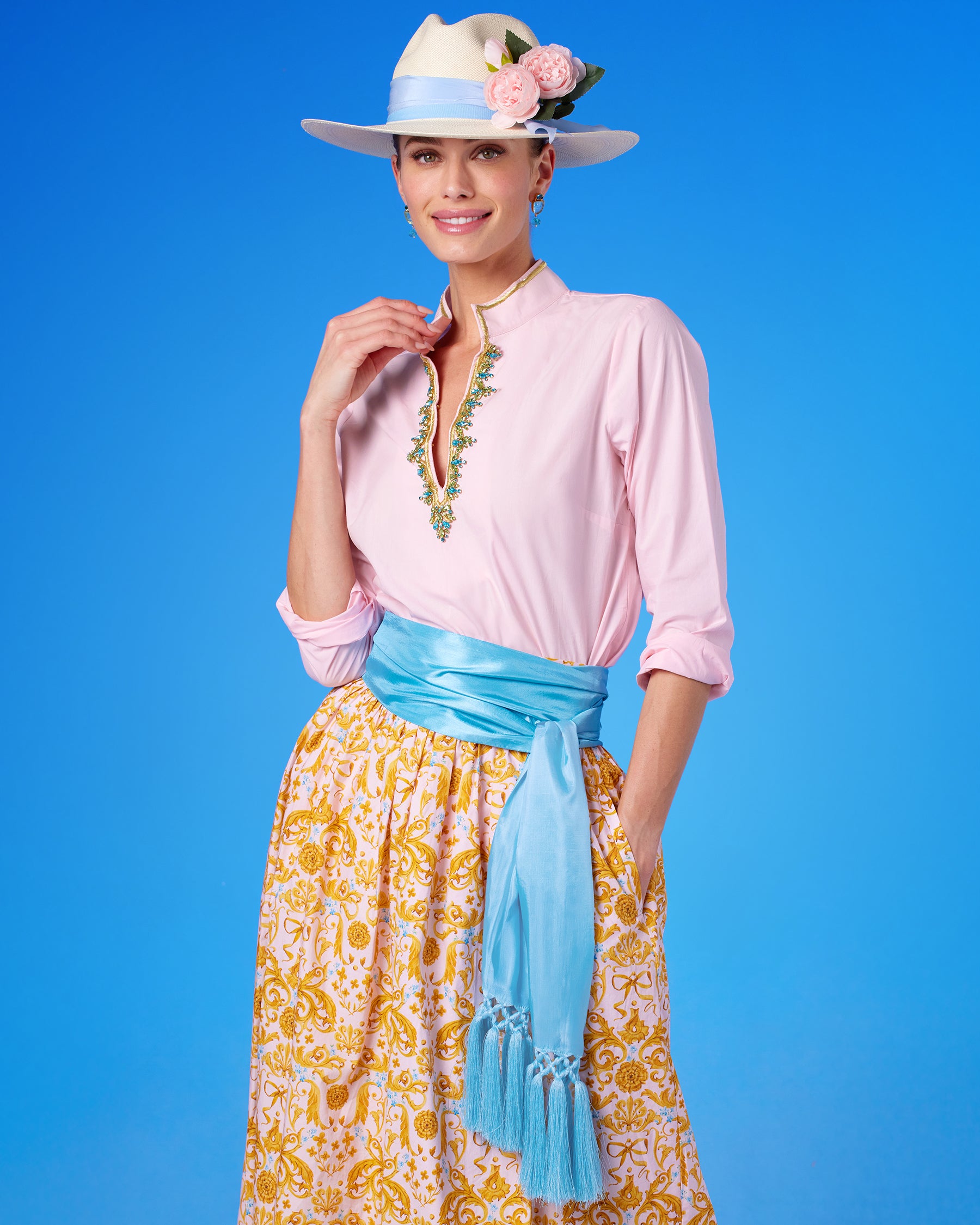 Cosima Sash Belt in Bermuda Turquoise worn with the Alexandra Skirt in Blush Pink Regency Ribbons