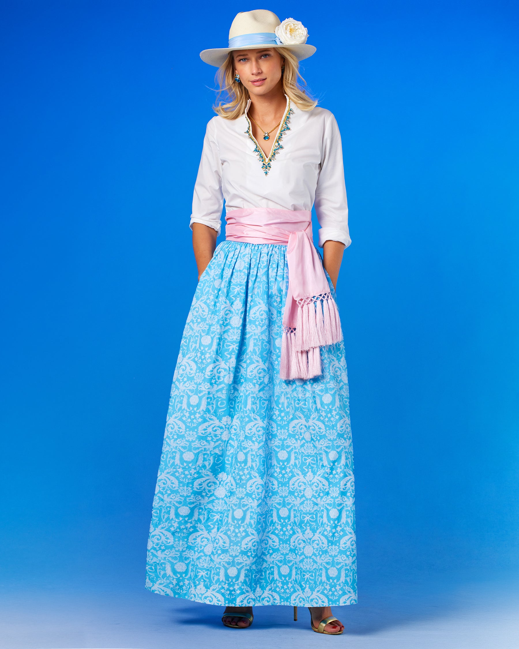 Cosima Sash Belt in Blush Pink worn with the Alexandra Long Full Skirt in Porcelain Regency Ribbons