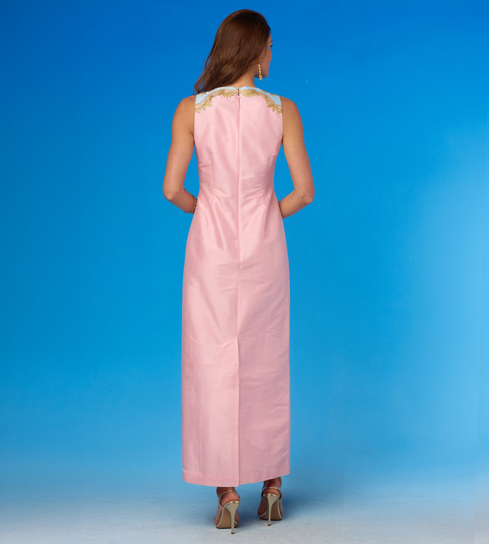 Back view of the Margaux Long Sheath Dress in Blush Pink With Blue Accent and Embellishment
