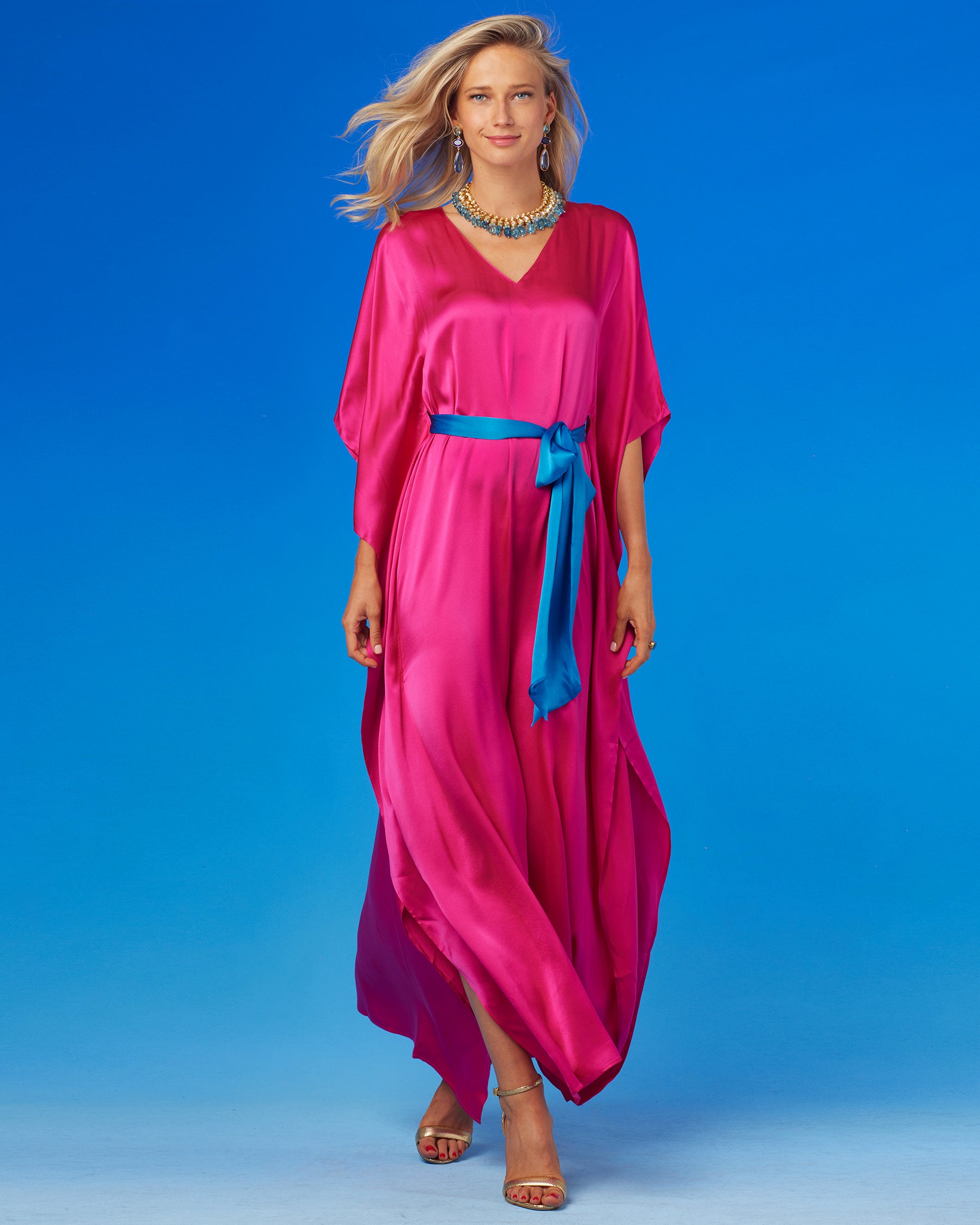 Amara Belted Silk Kaftan in Fuchsia PinkAmara Belted Silk Kaftan in Fuchsia Pink-Front View