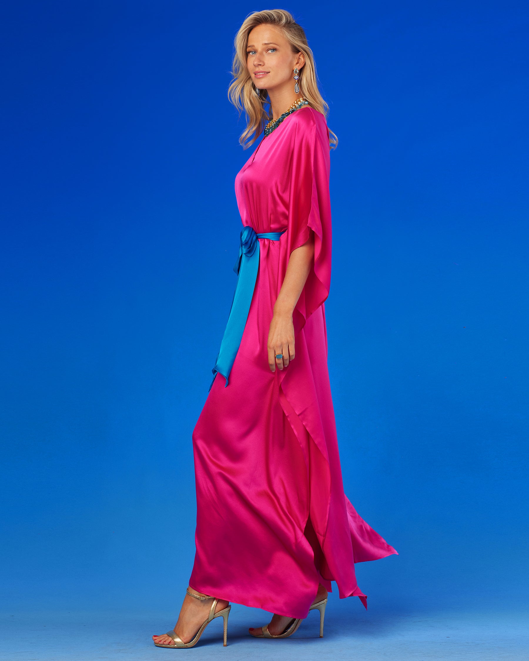 Amara Belted Silk Kaftan in Fuchsia Pink-Side view