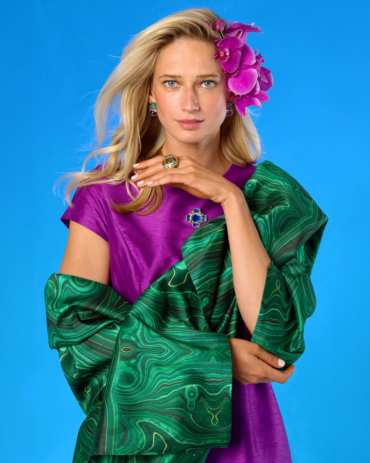 A model wears the Valentina Shawl in Malachite