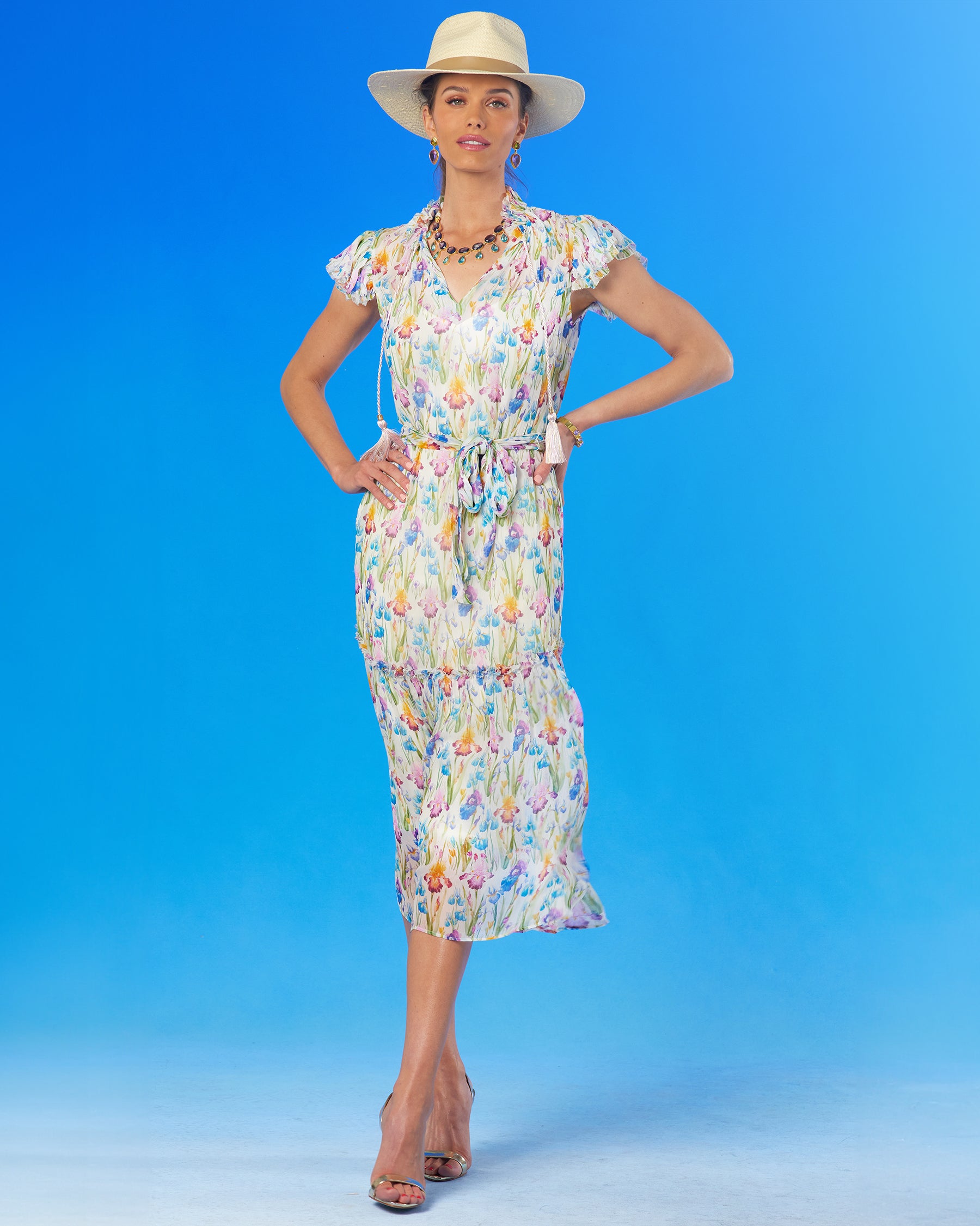 Amelie Midi Crinkle Chiffon Dress in Iris Elysian Meadow