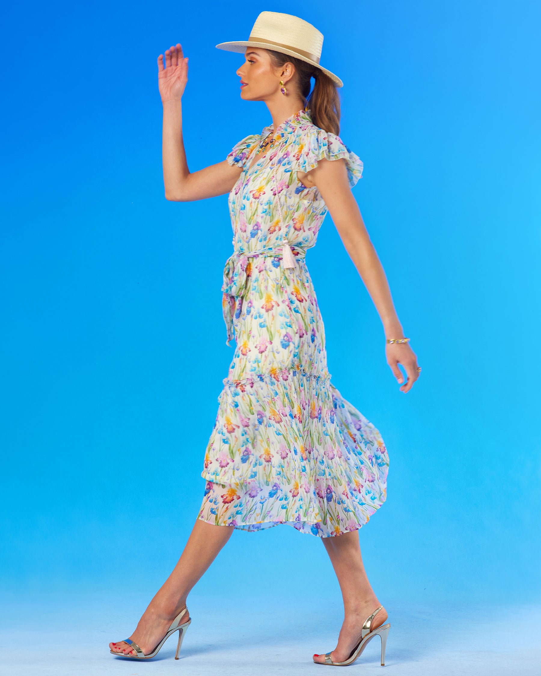 Amelie Midi Crinkle Chiffon Dress in Iris Elysian Meadow-side walking view