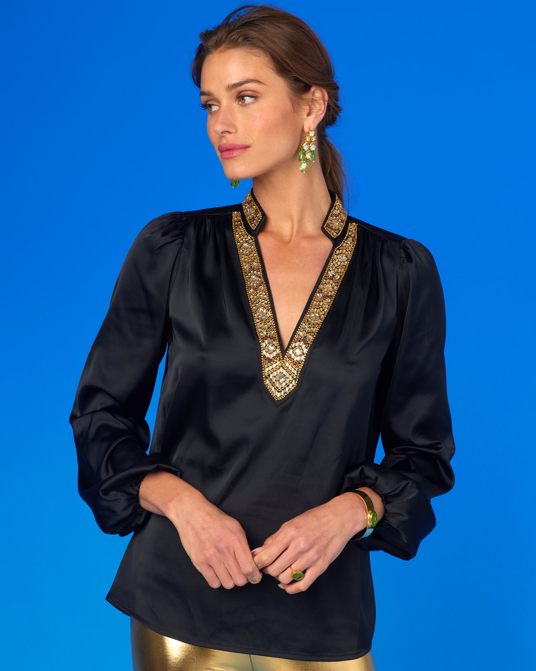 Anastasia Blouse in Black and Art Deco Embellishment-Untucked