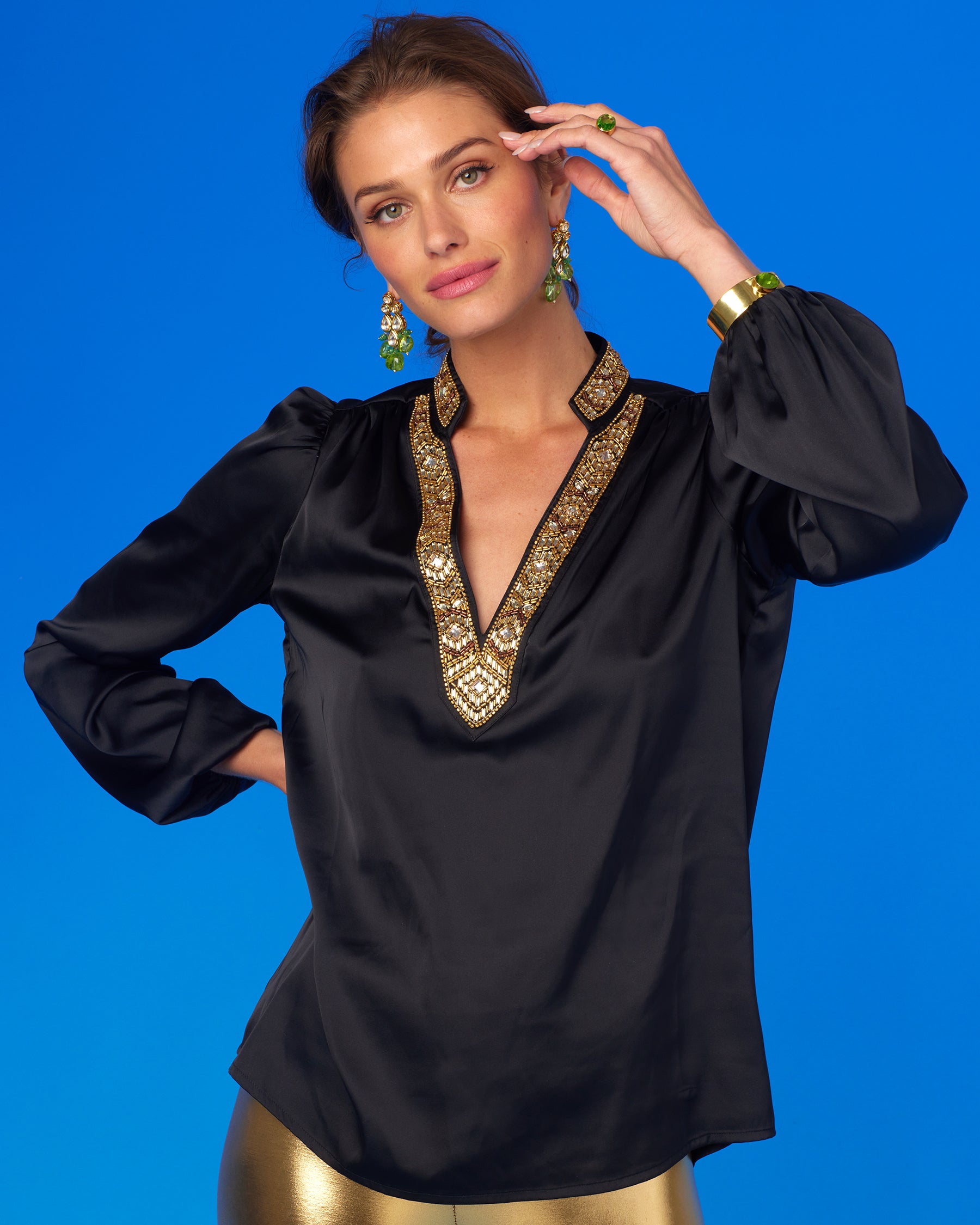 Anastasia Blouse in Black and Art Deco Embellishment-Untucked