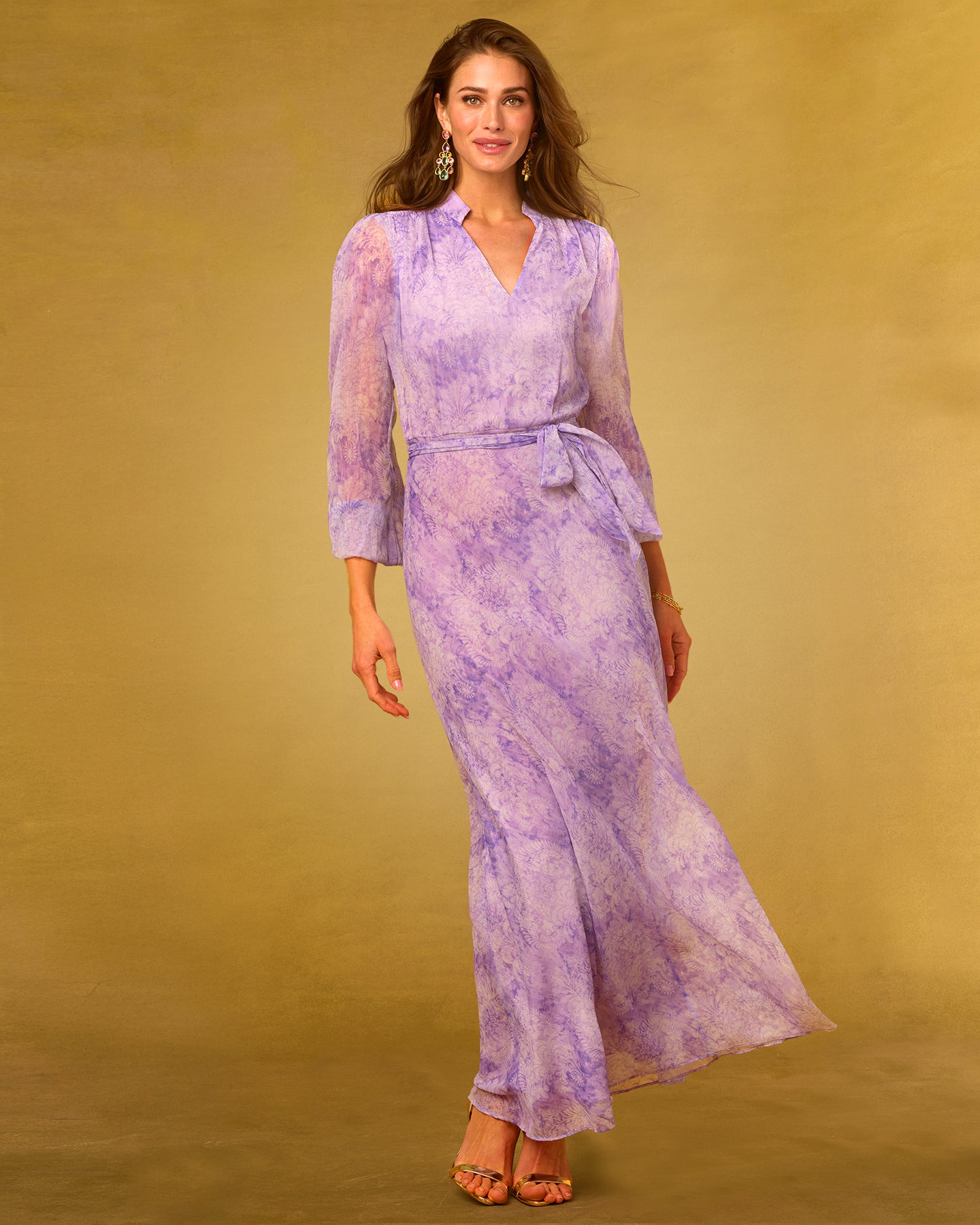 Anastasia Chiffon Dress in Antique Damask Lavender model looking at camera