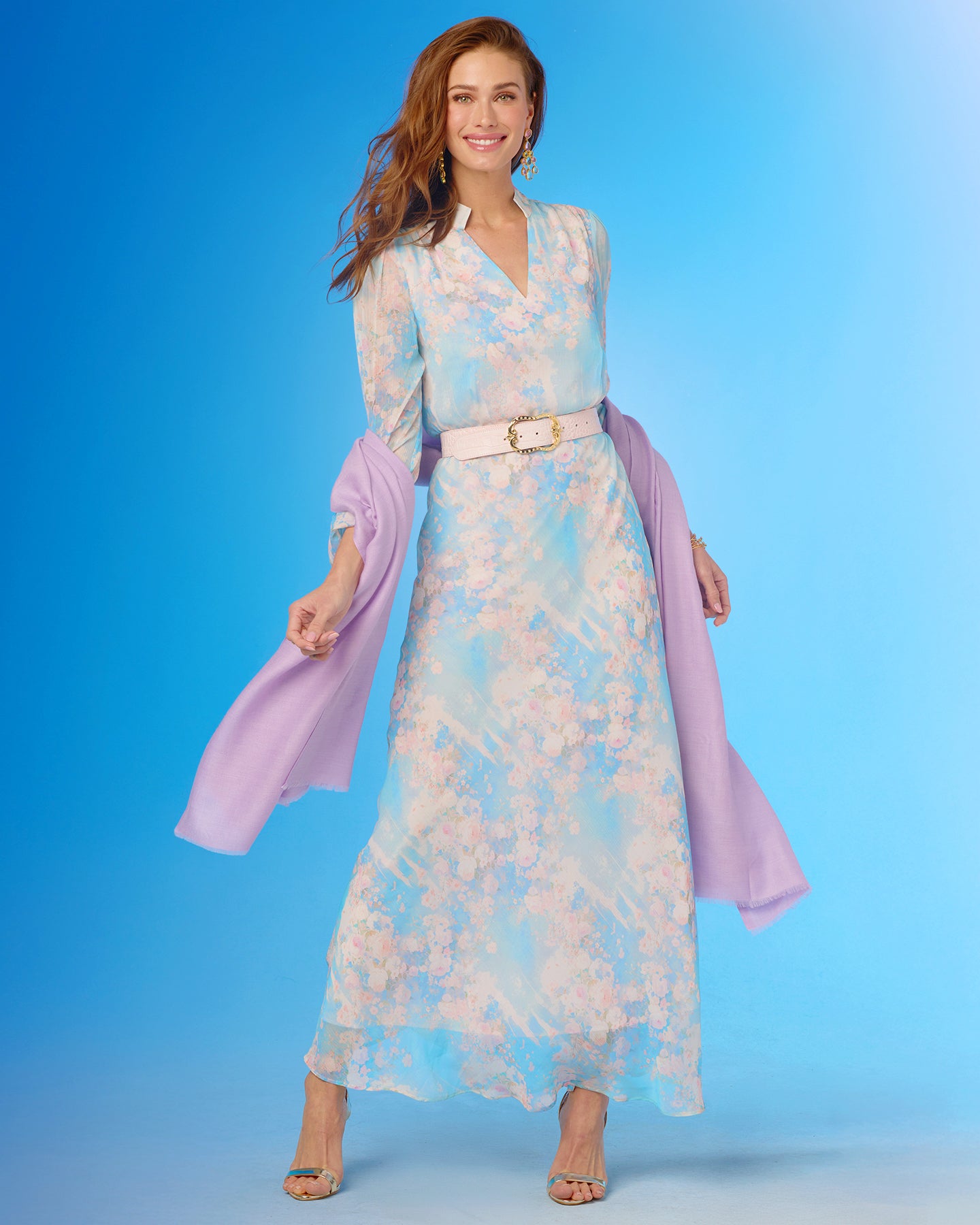 The Josephine Pashmina Shawl in Lilac worn with the Anastasia Chiffon Dress in Impressionist Florals