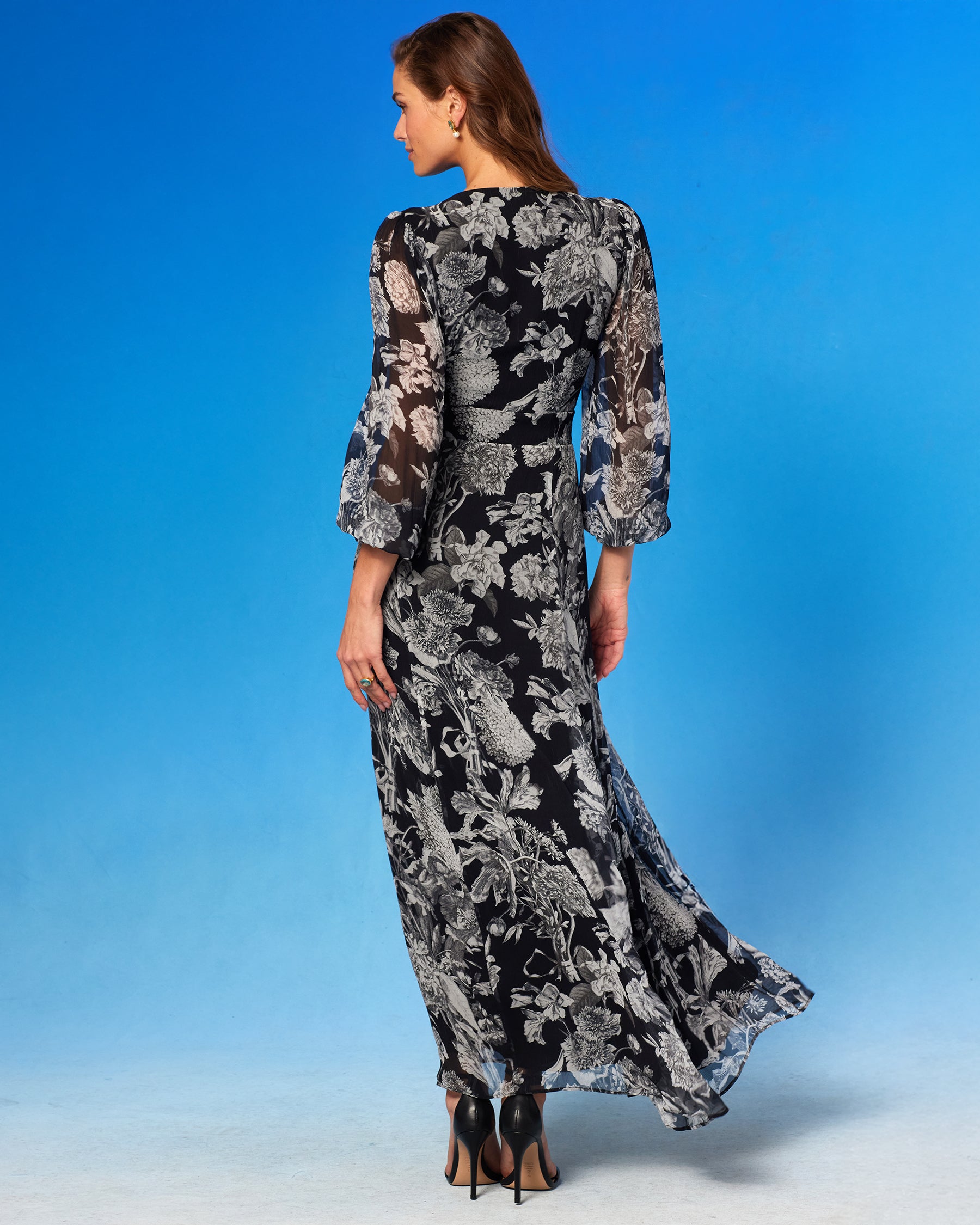 Angelina Maxi Crinkle Chiffon Dress in Black and Muted White Floral Toile back view