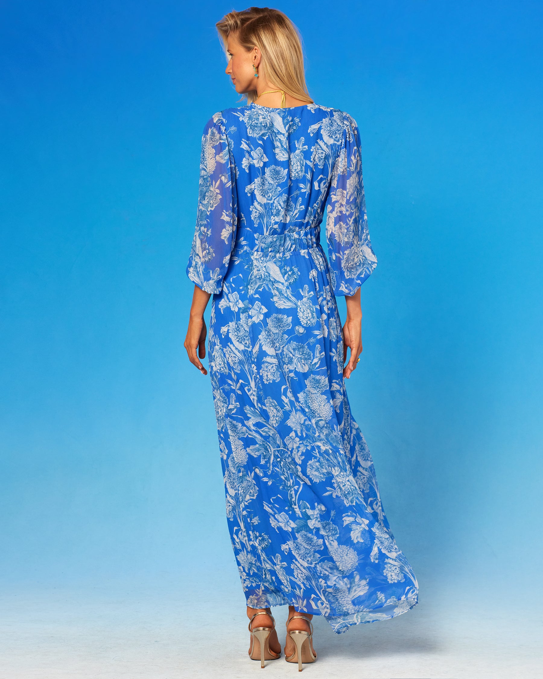 Angelina Maxi Crinkle Chiffon Dress in Camille Blue and White Floral Toile back view