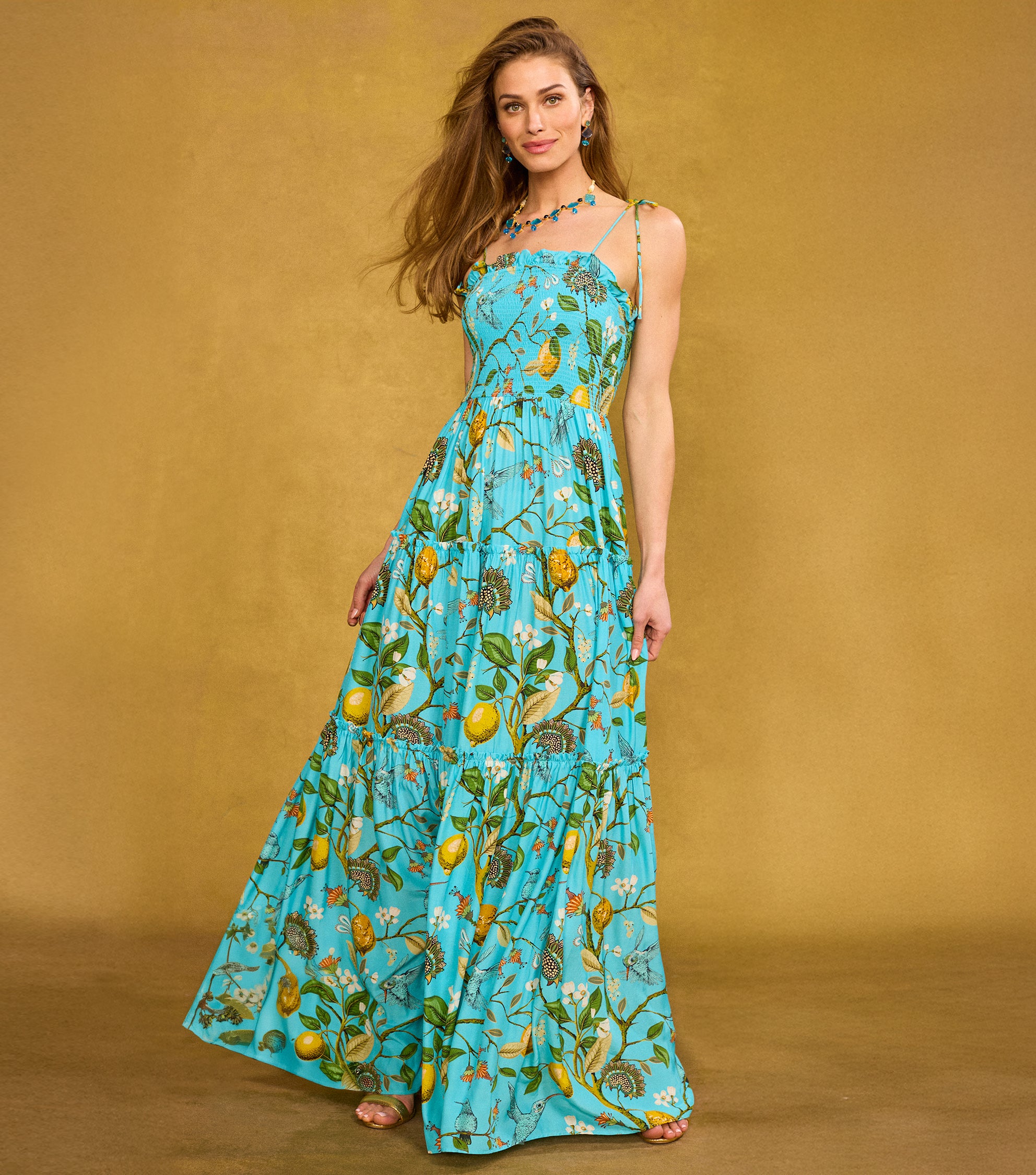 Annabelle Maxi Dress in Flora Turquoise Hummingbird Print front view