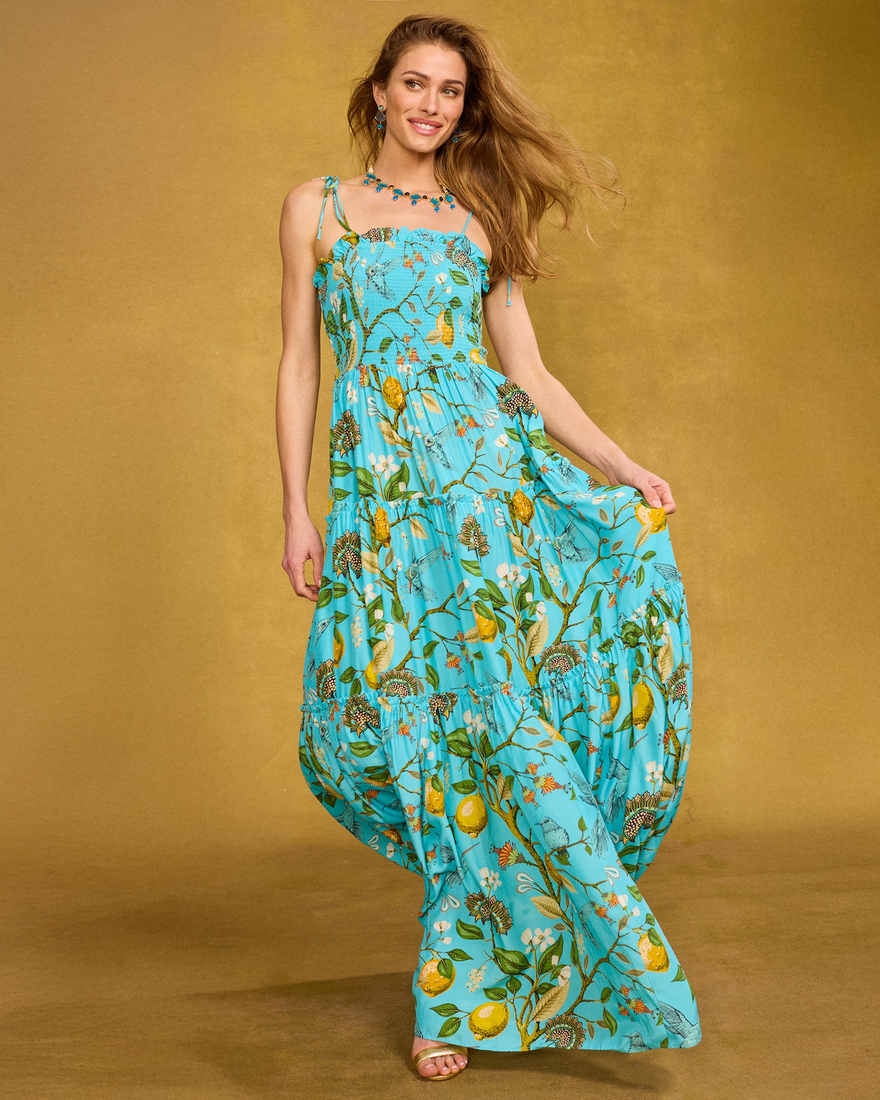 Annabelle Maxi Dress in Flora Turquoise Hummingbird Print front view