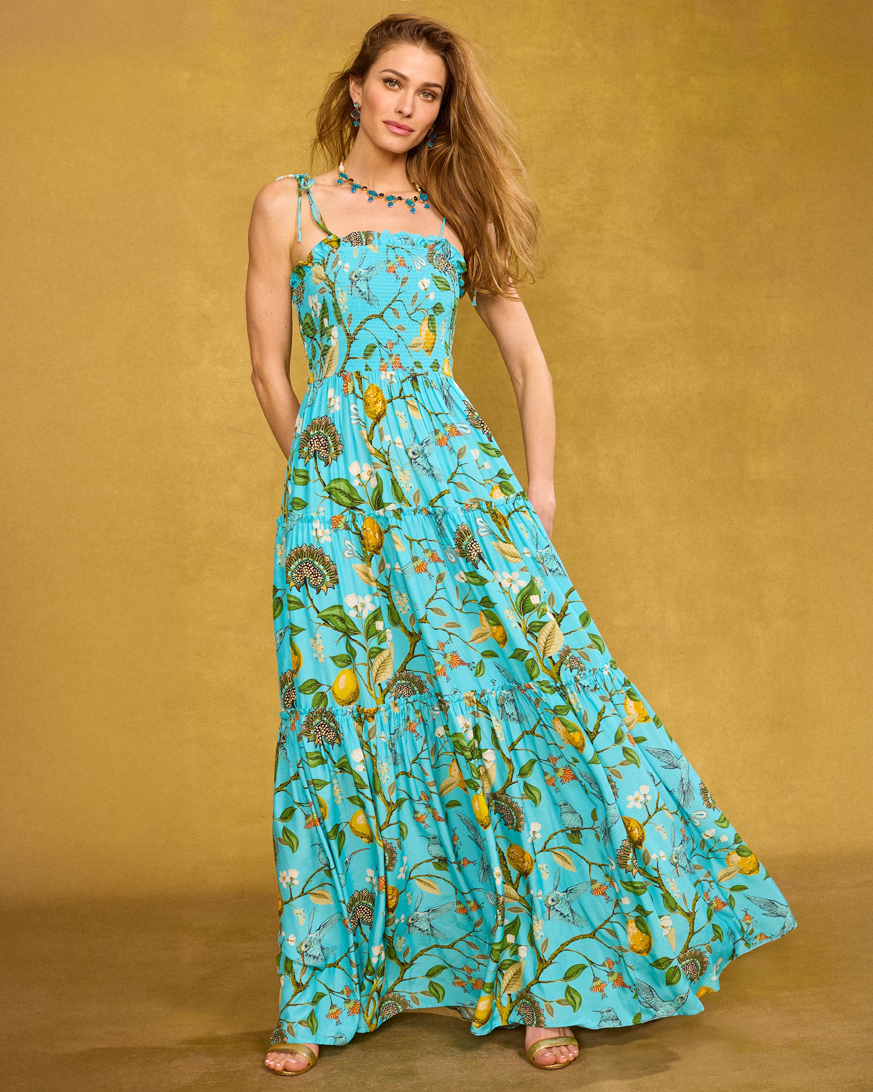 Annabelle Maxi Dress in Flora Turquoise Hummingbird Print front view