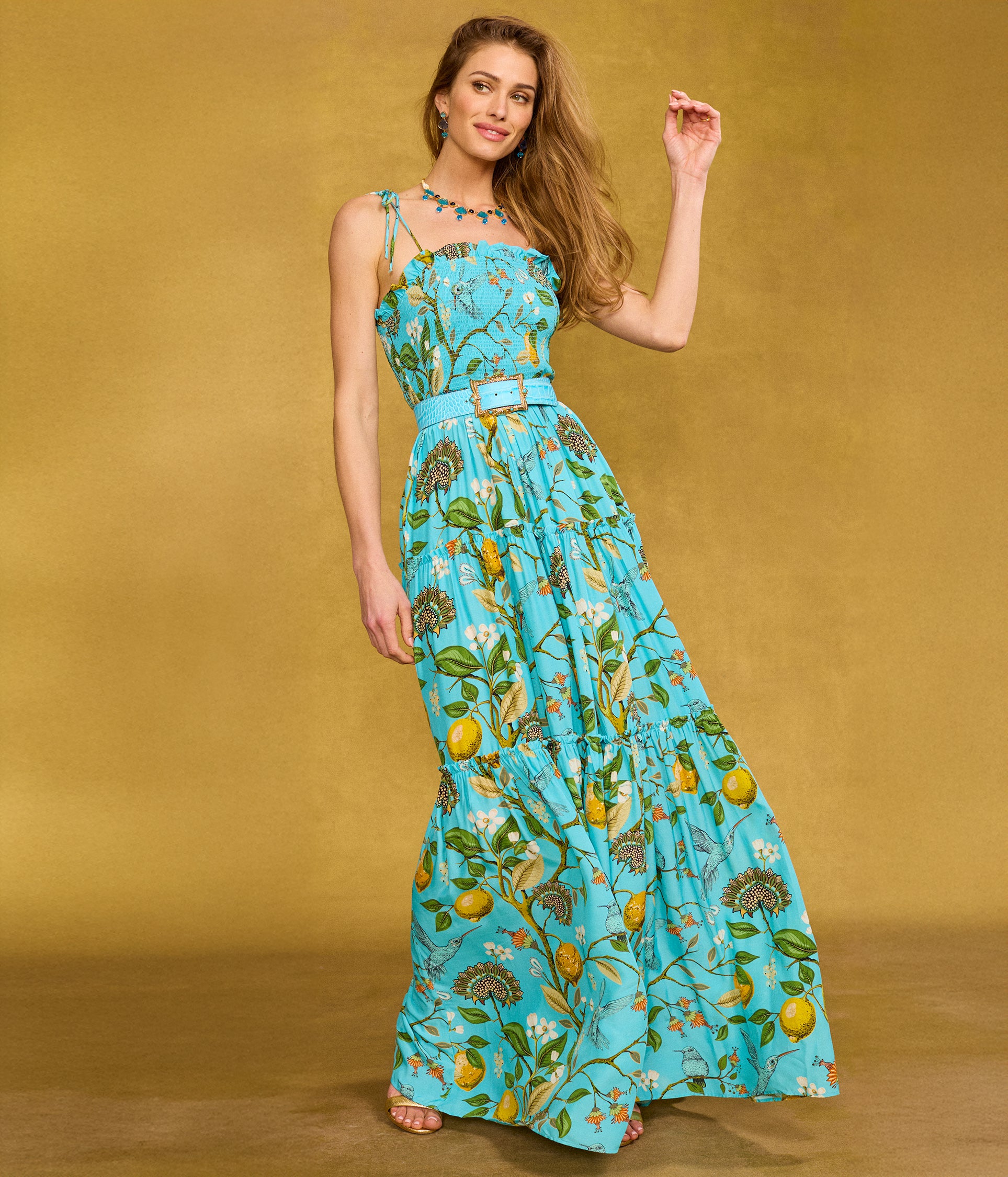 Annabelle Maxi Dress in Flora Turquoise Hummingbird Print front view