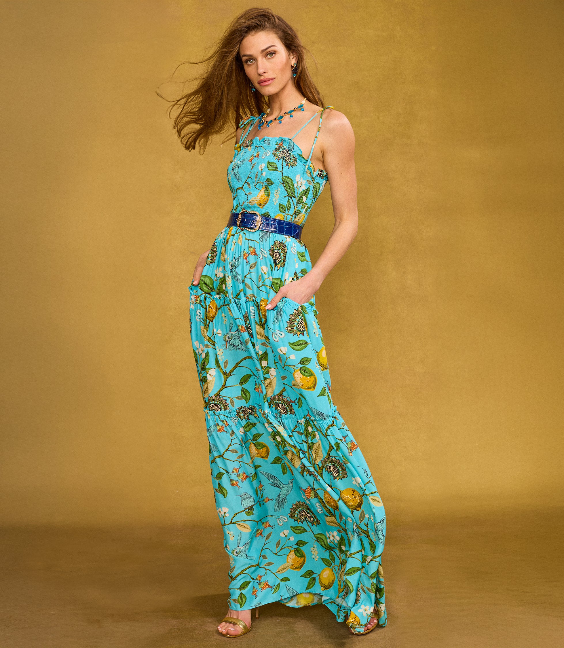 Annabelle Maxi Dress in Flora Turquoise Hummingbird Print side view