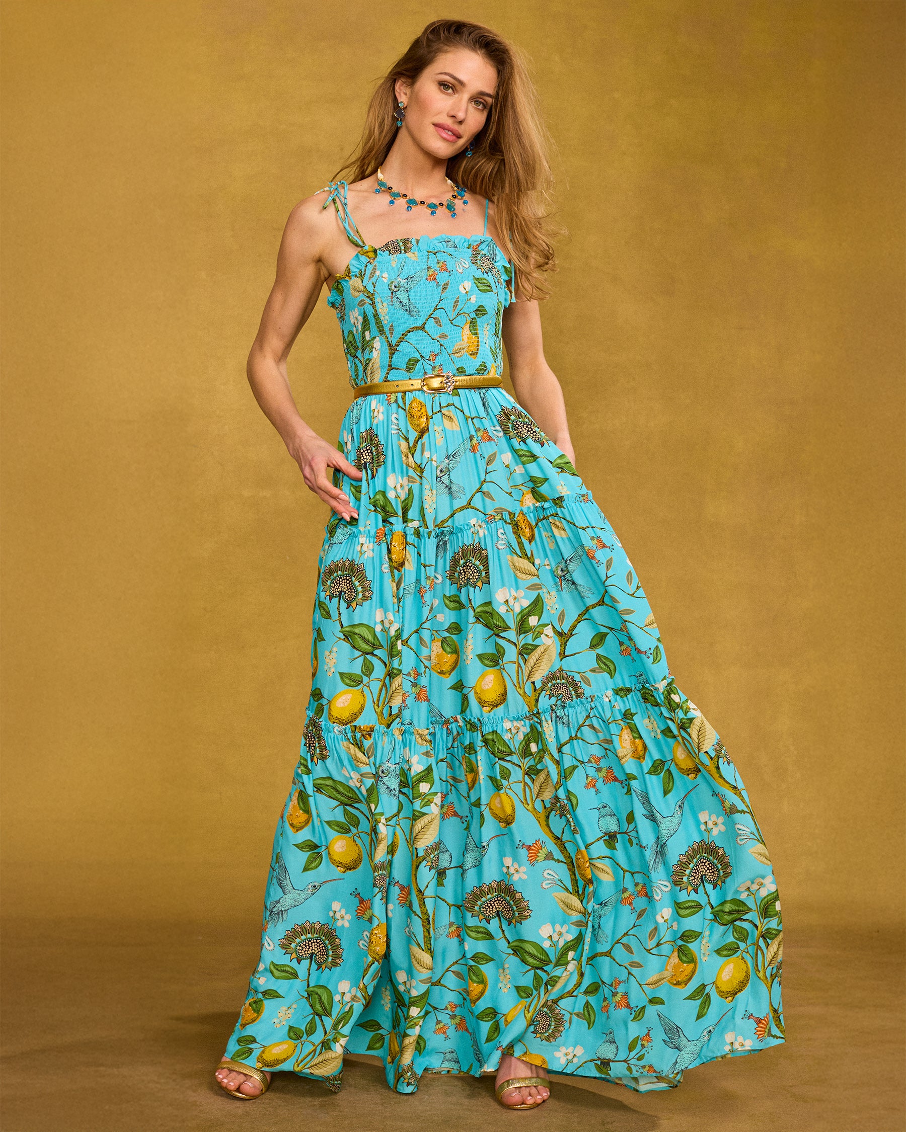 Annabelle Maxi Dress in Flora Turquoise Hummingbird Print front view