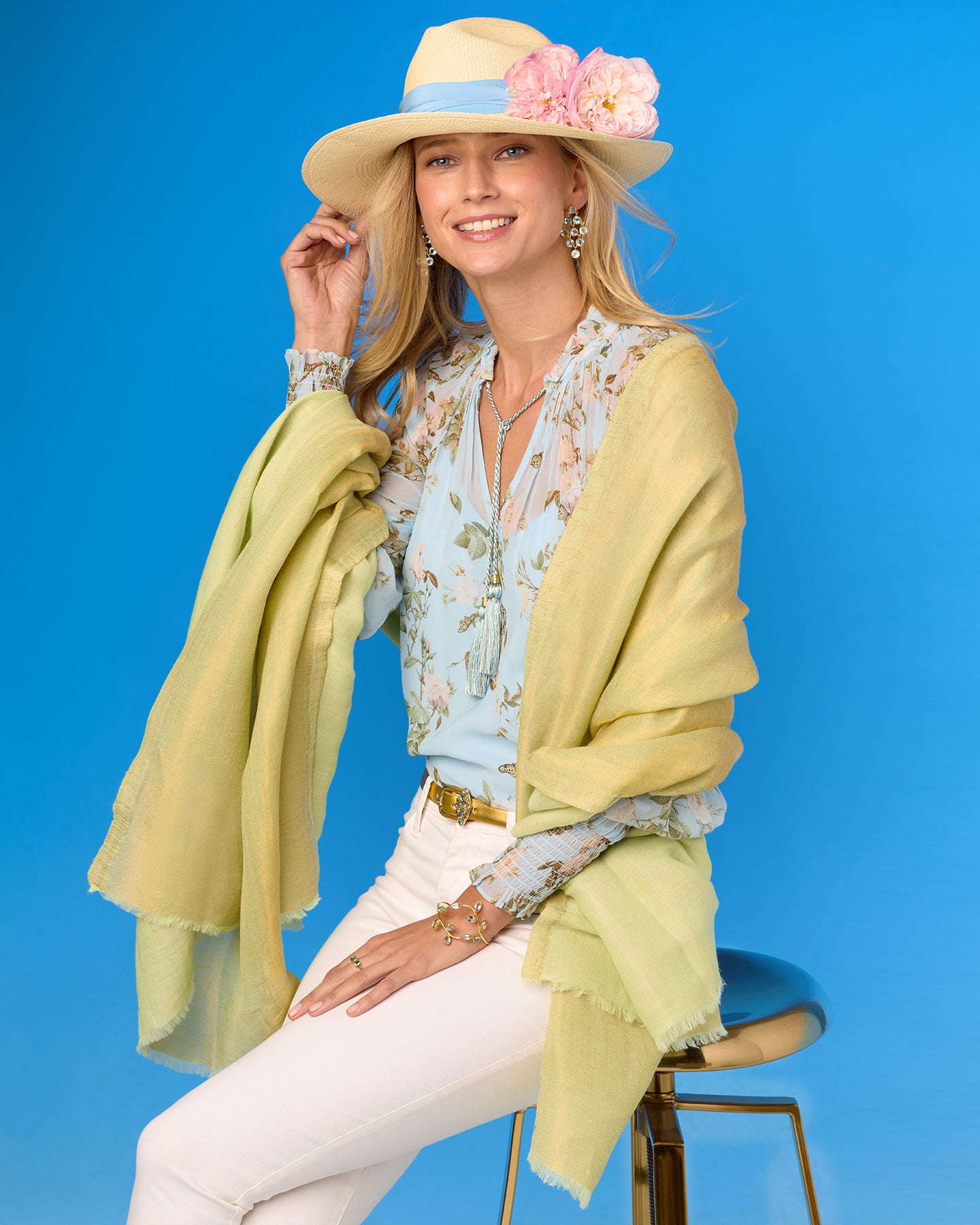 Josephine Reversible Pashmina Shawl in Gold Shimmer Mint Julep Green worn with the Artemisia Floral Blouse