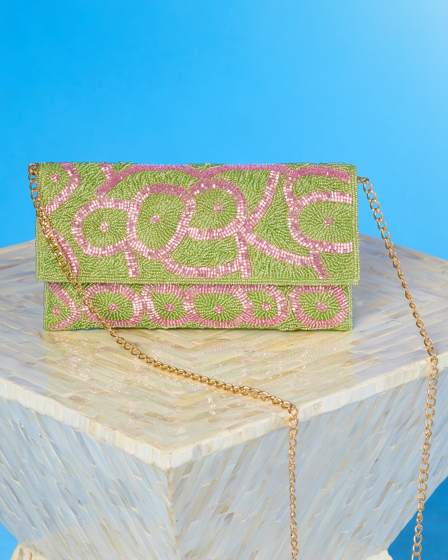 Ginevra Clutch in Beaded Mint and Pink Florals with the chain attached