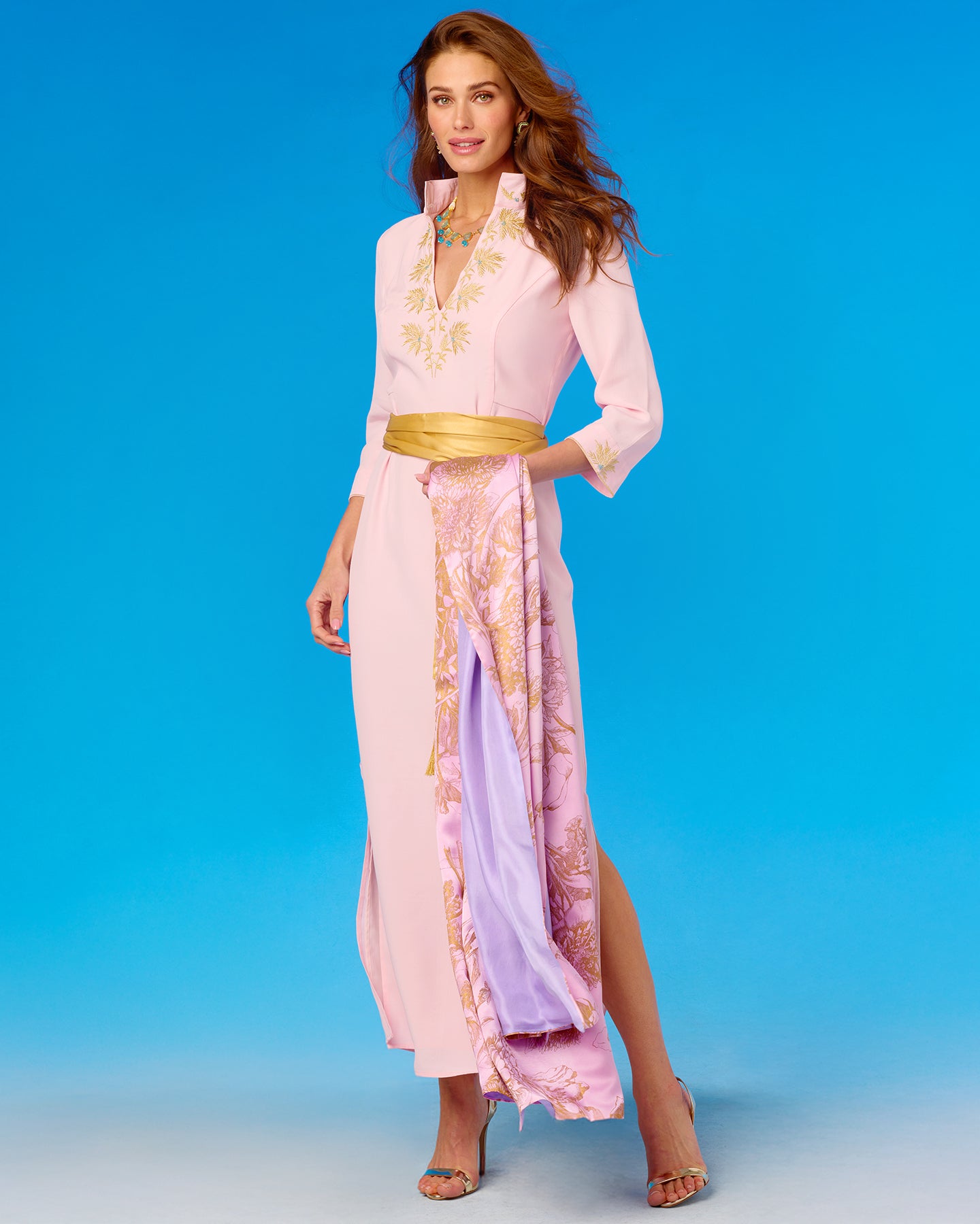 Aurelia Long Tunic Dress in Blush Pink and Gold Palm Embroidery