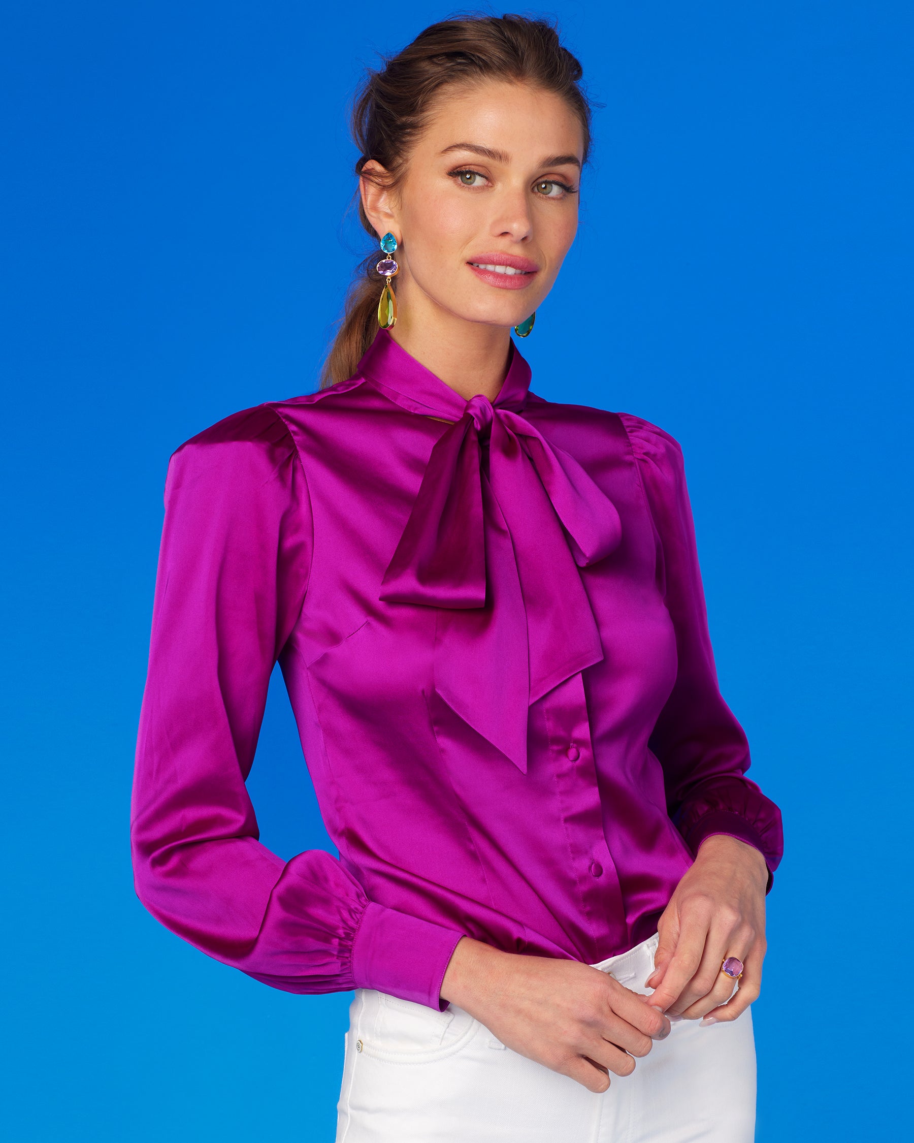 Aurelie Pussybow Blouse in Fuchsia Purple-Worn Tucked In